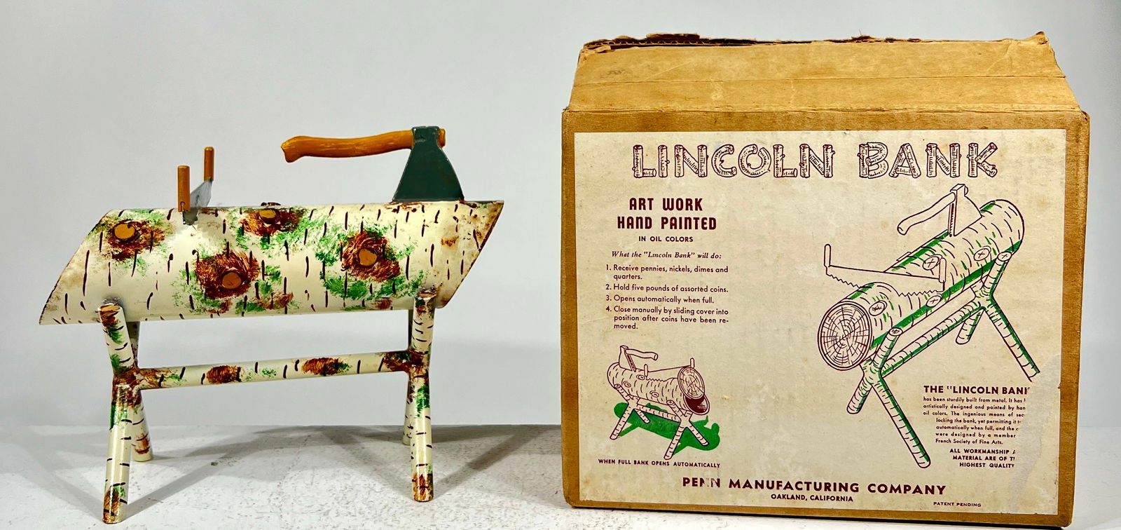 Lincoln Bank: Penn Mfg. Co. - Oakland, CA. 1940's - Box is 9"L x 7"T x 4"D