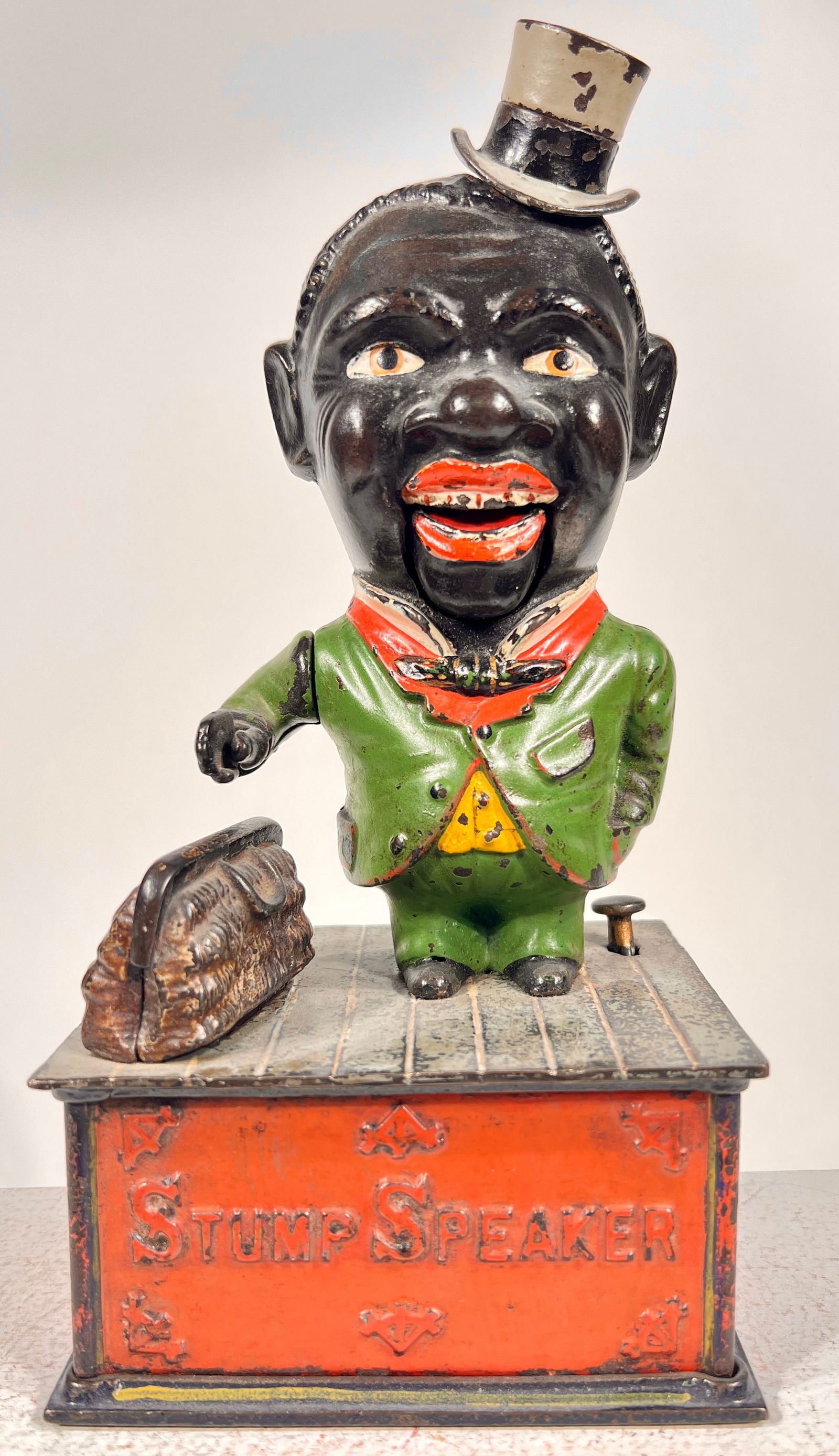 Stump Speaker Cast Iron Mechanical Bank: J & E Stevens Co. - Cromwell, CT. 1890 - 9 1/2"T x 5"W x 3 3/4"D