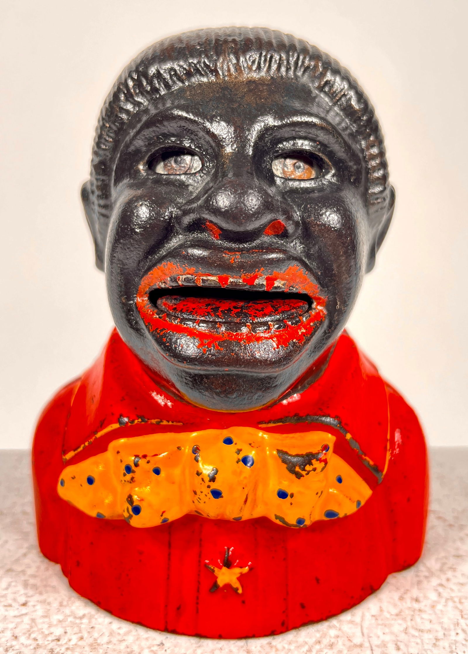 Uncle Tom Cast Iron Mechanical Bank with Star and No Lapel: Kyser and Rex Company - Philadelphia 1890 - 5 1/4"T x 4 1/4"W x 3"D