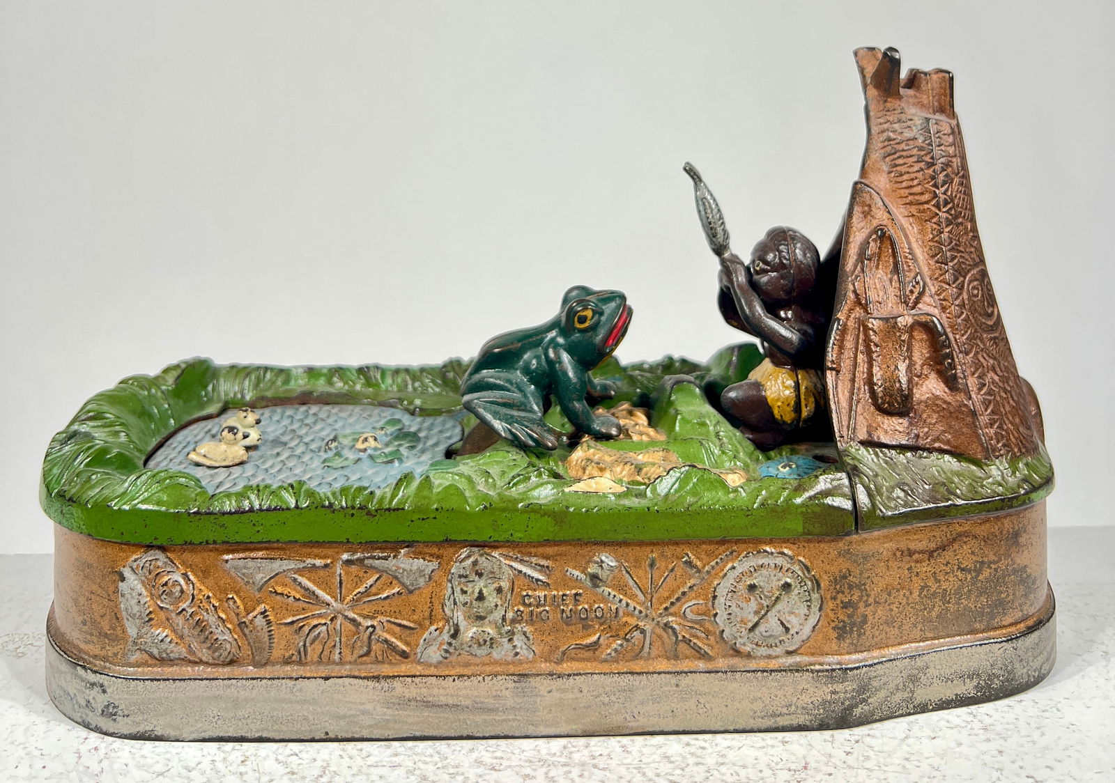 Chief Big Moon Cast Iron Mechanical Bank: J & E Stevens Co. - Cromwell, CT. 1890 - 10"L x 6"T x 4"D