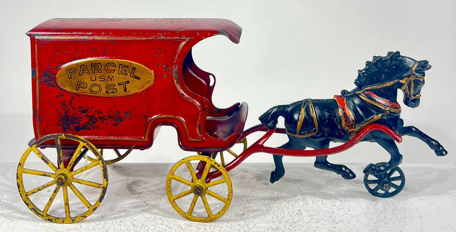 Single Horse Parcel Post Wagon Cast Iron and Tin: Wilkins Hardware - Keene, NH. 1905 - 13 1/2"L x 5 1/2"T x 4"D The Olshefski Collection