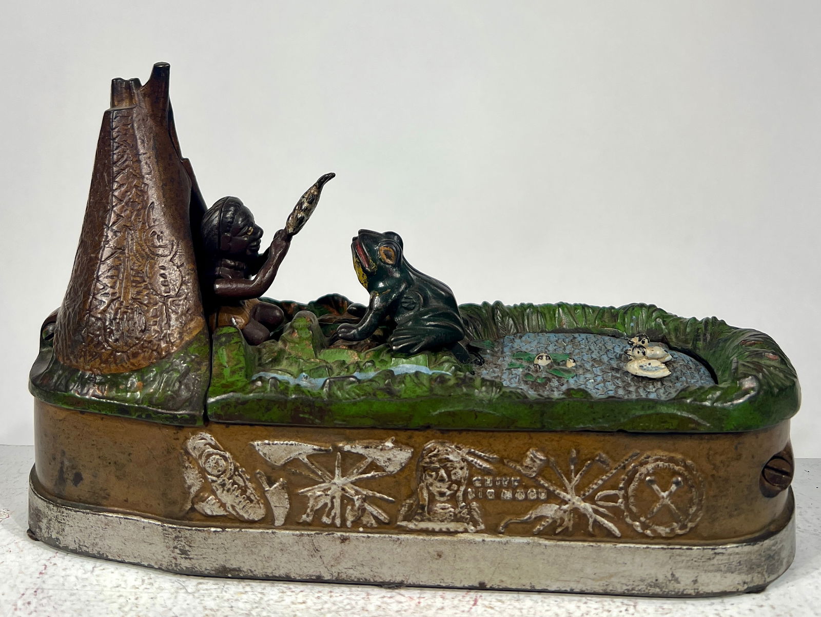 Chief Big Moon Bank: J. + E Stevens Company Cromwell, CT- 1890 10"L x 5 3/4"T x 4"D The Olshefski Collection