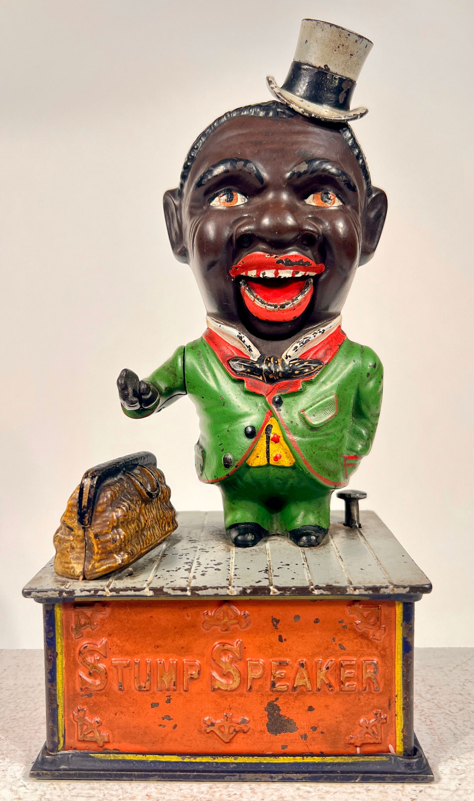 Stump Speaker Mechanical Bank: Shepard Hardware CompanyBuffalo, NY- 1890 9 3/4"T x 5"W x 4"D The Olshefski Collection