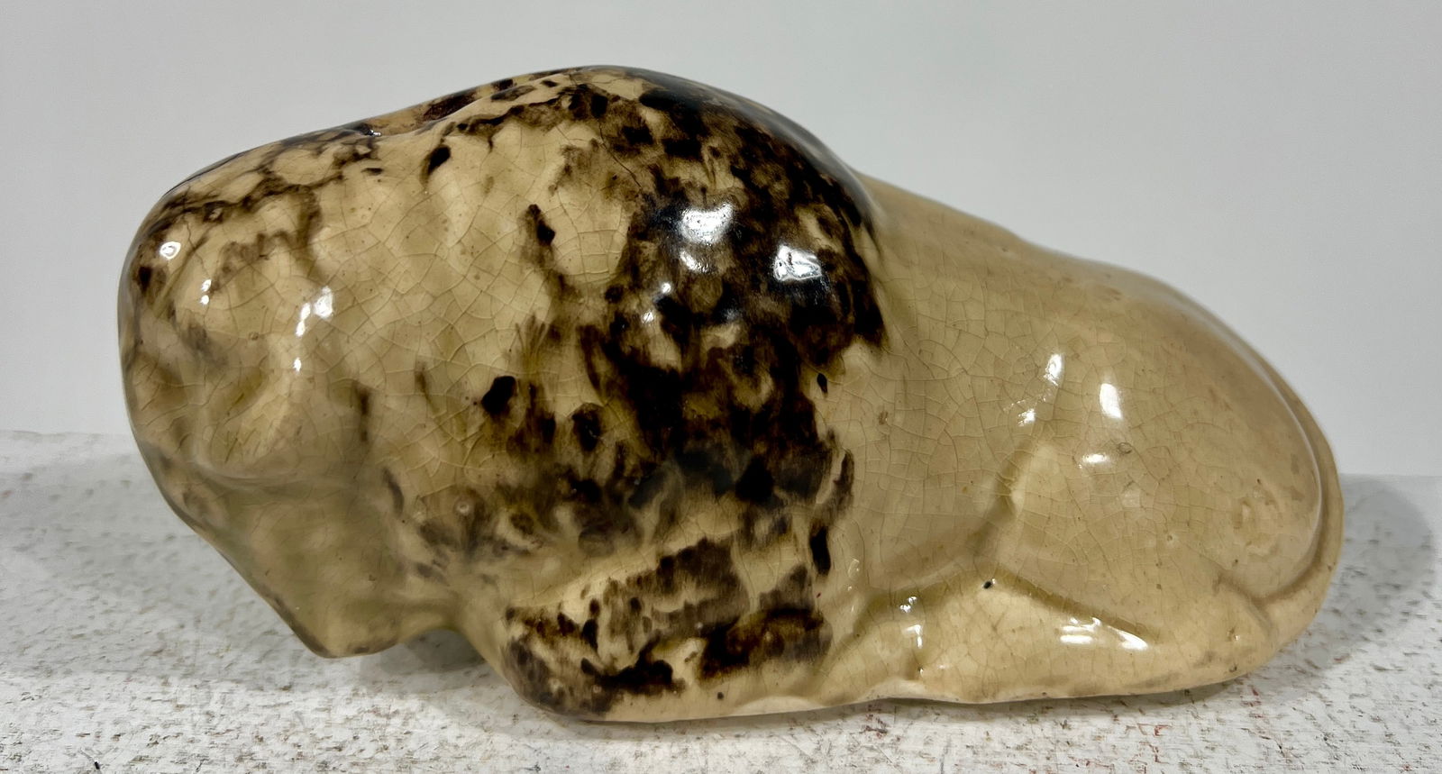 Rockingham Pottery Buffalo Bank: American- 1920's 6"L x 3"T x 2 1/2"D The Pierce Collection