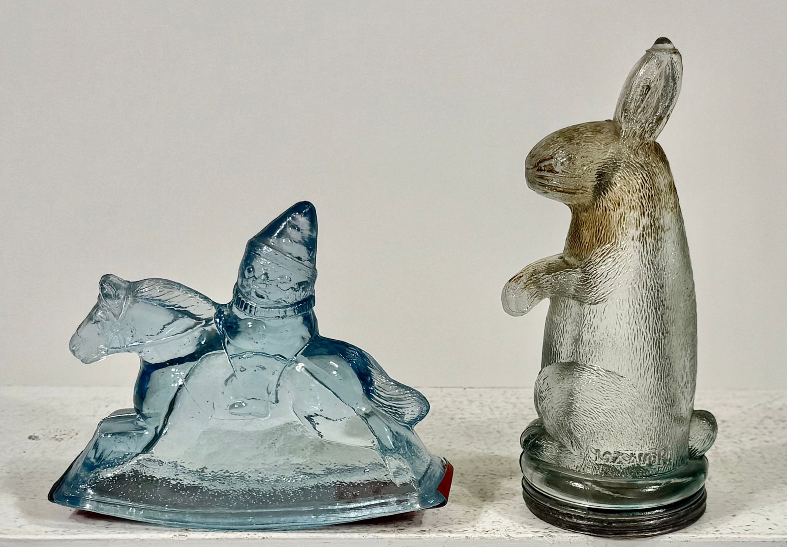 Two Glass Candy Containers. Standing Rabbit/ Humpty Dumpty on Roaching Horse (1 of 4)