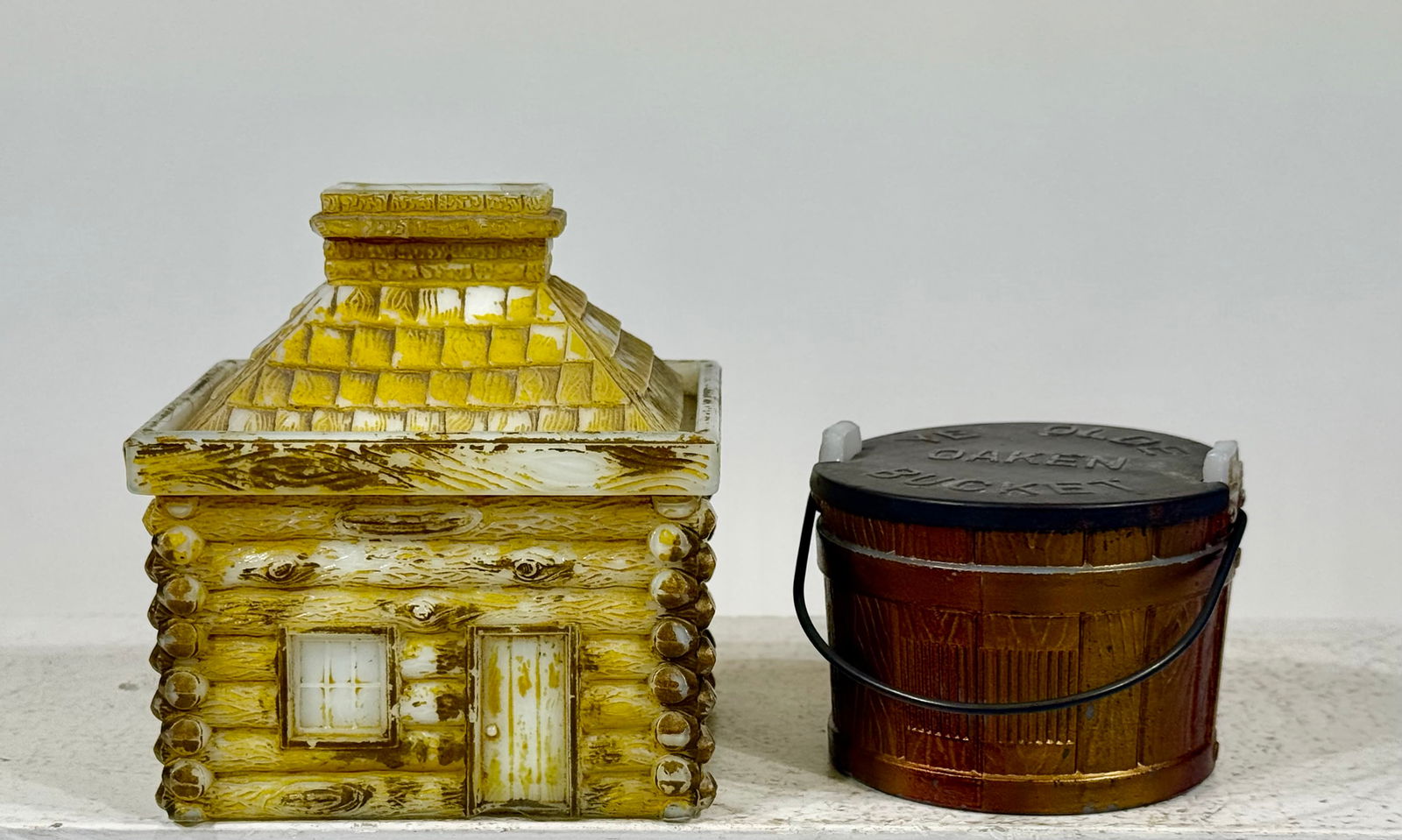 Two Milk Glass Candy Containers Oaken Bucket/ Log Cabin Bank (1 of 3)