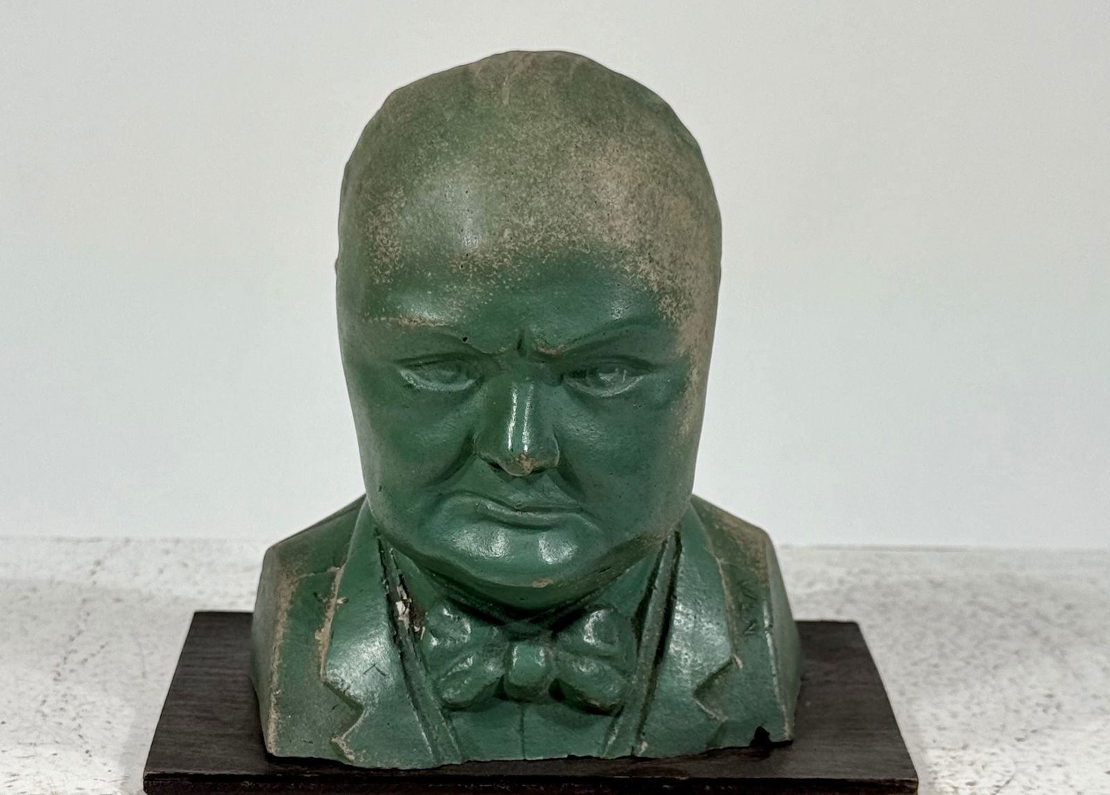 Save for Victory Winston Churchill Bust Bank Ceramic mounted on wood base: English- 1940 5"T x 4 3/4" W x 3" DThe Peirce Collection