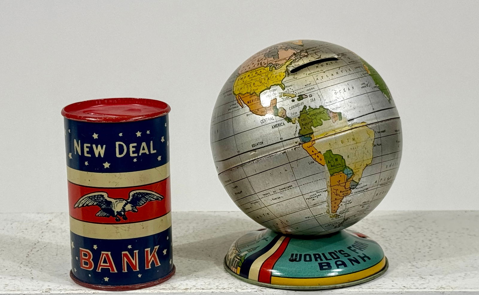 Two Tin J. Chien Banks New Deal Bank/ 1939 World's Fair Bank (1 of 2)