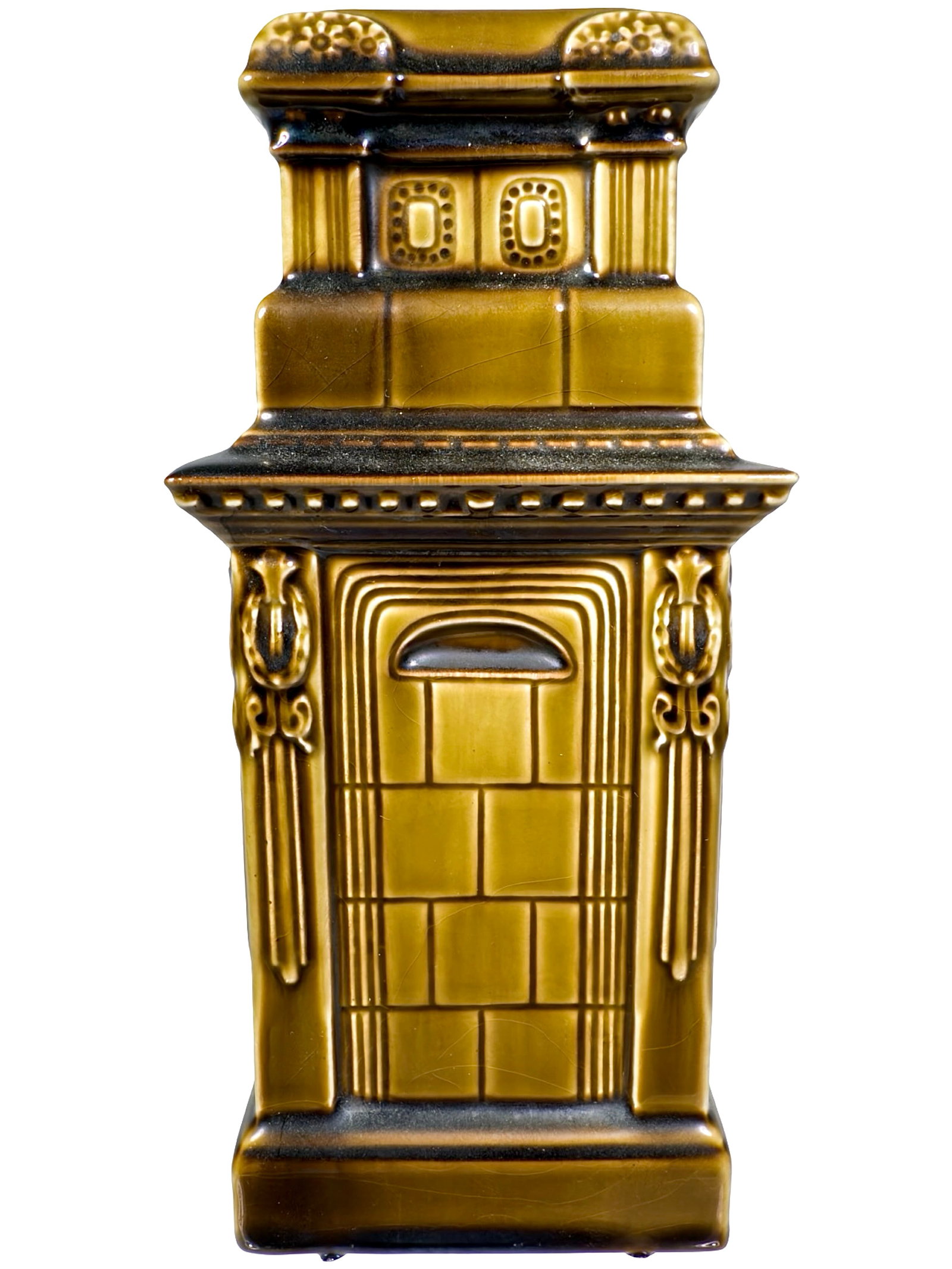 Ernst Teichert Stove Ceramic Bank: Manufactured in Meissen, Germany - Circa 1900's. The bank is modeled as a towering, four-sided stove with elaborate neoclassical architectural details, including fluted columns, floral swags, and a
