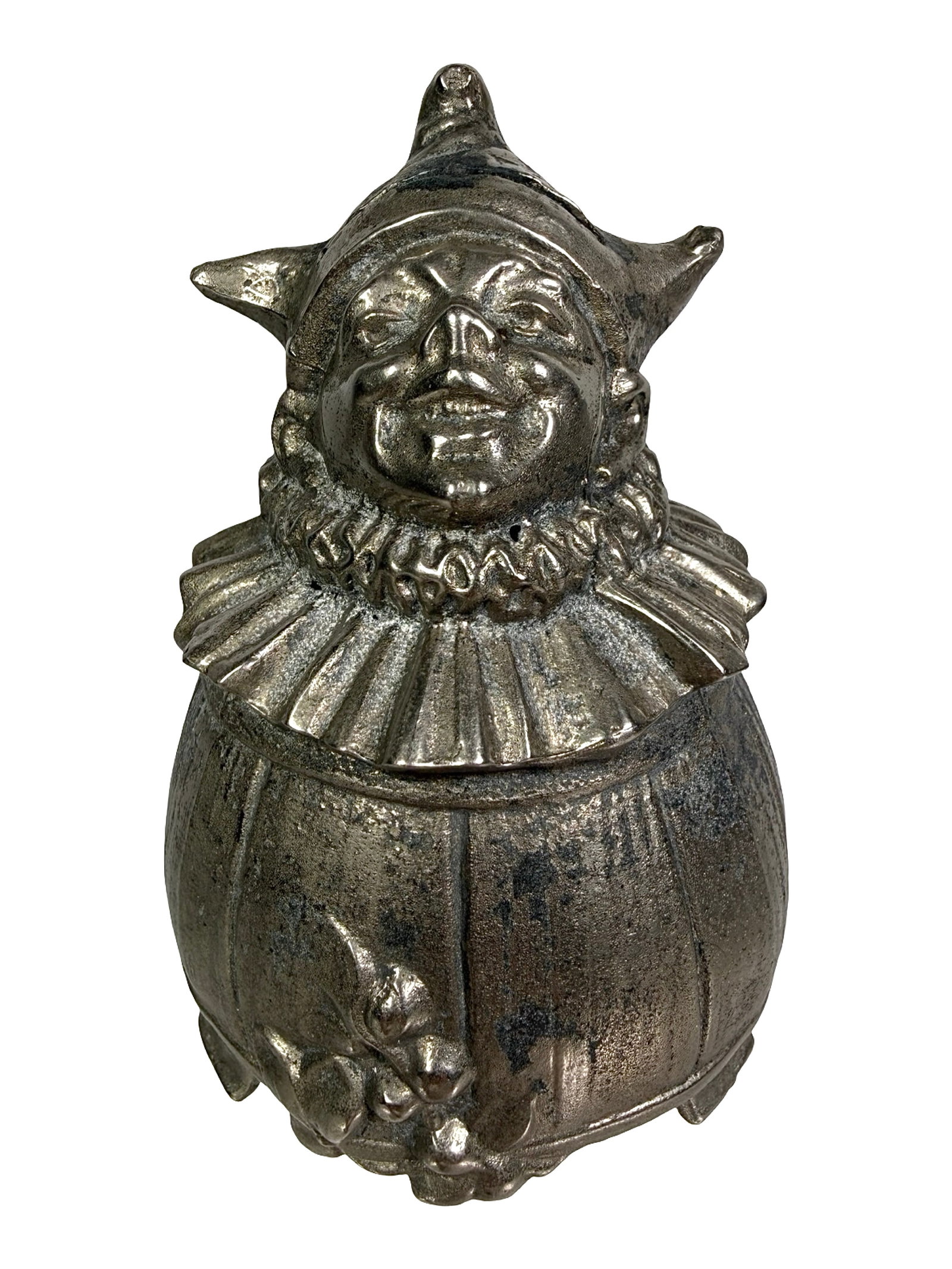 Clowns Head Emerging from Pot: Silvered Lead. German - 1910's.