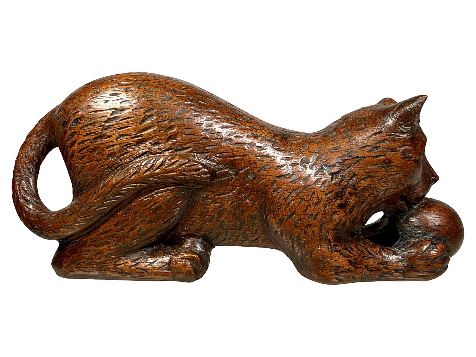 Cat with Ball - Assembled Wood Pattern: By A. C. Williams Company. Ravenna, Oh. - 1910's. 5 3/4" Long. The Mike Henry Collection.