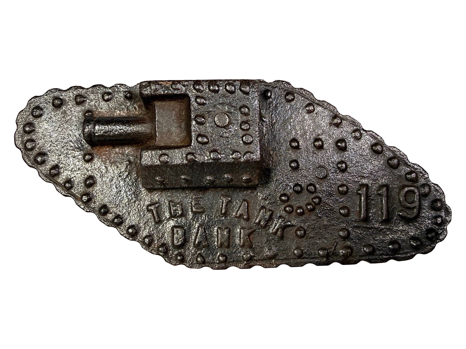 The Tank Bank - 119: "Eric's Tank Bank". England - 1920. 7 1/4" Long x 3 1/4" Tall x 3 3/4" Deep.