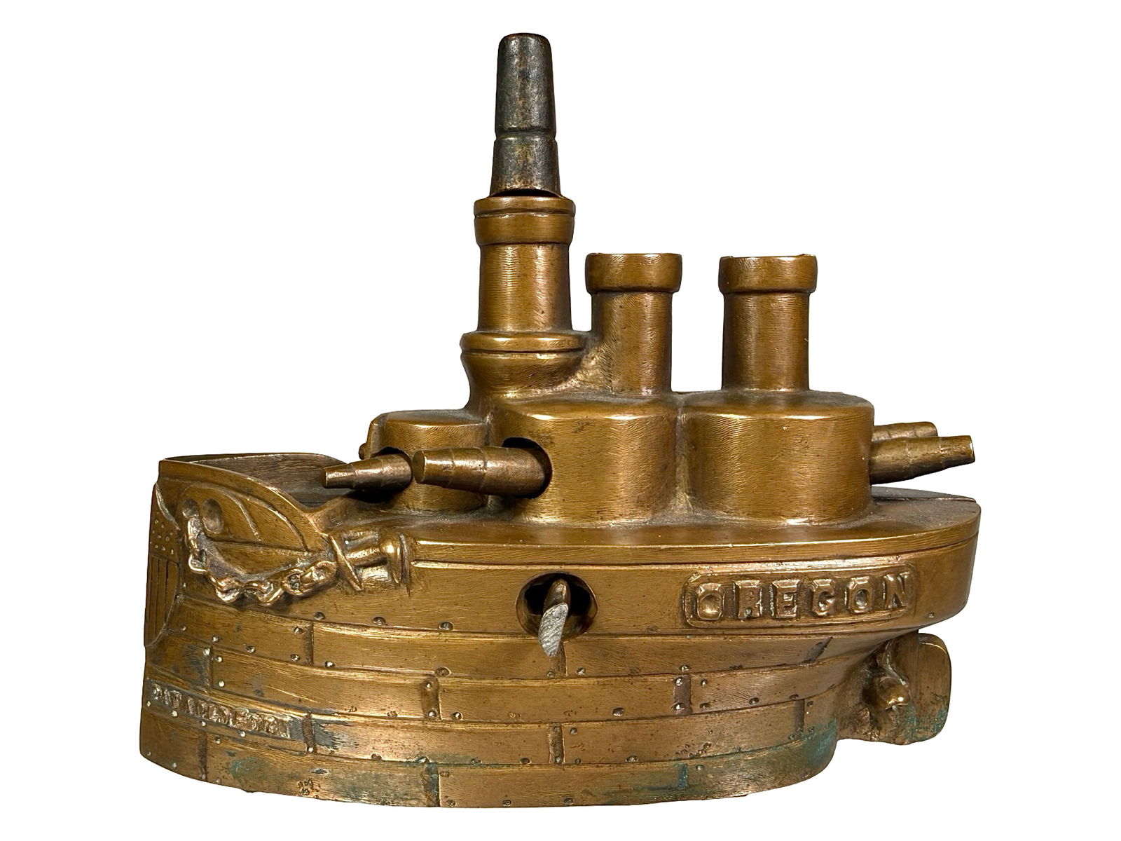Battleship Oregon Bank: Large Size - Bronze Pattern. Made by J. & E. Stevens Company. Cromwell, Ct. - 1900. 6 1/4" Long x 5" Tall x 2 1/4" Deep. The Mike Henry Collection.