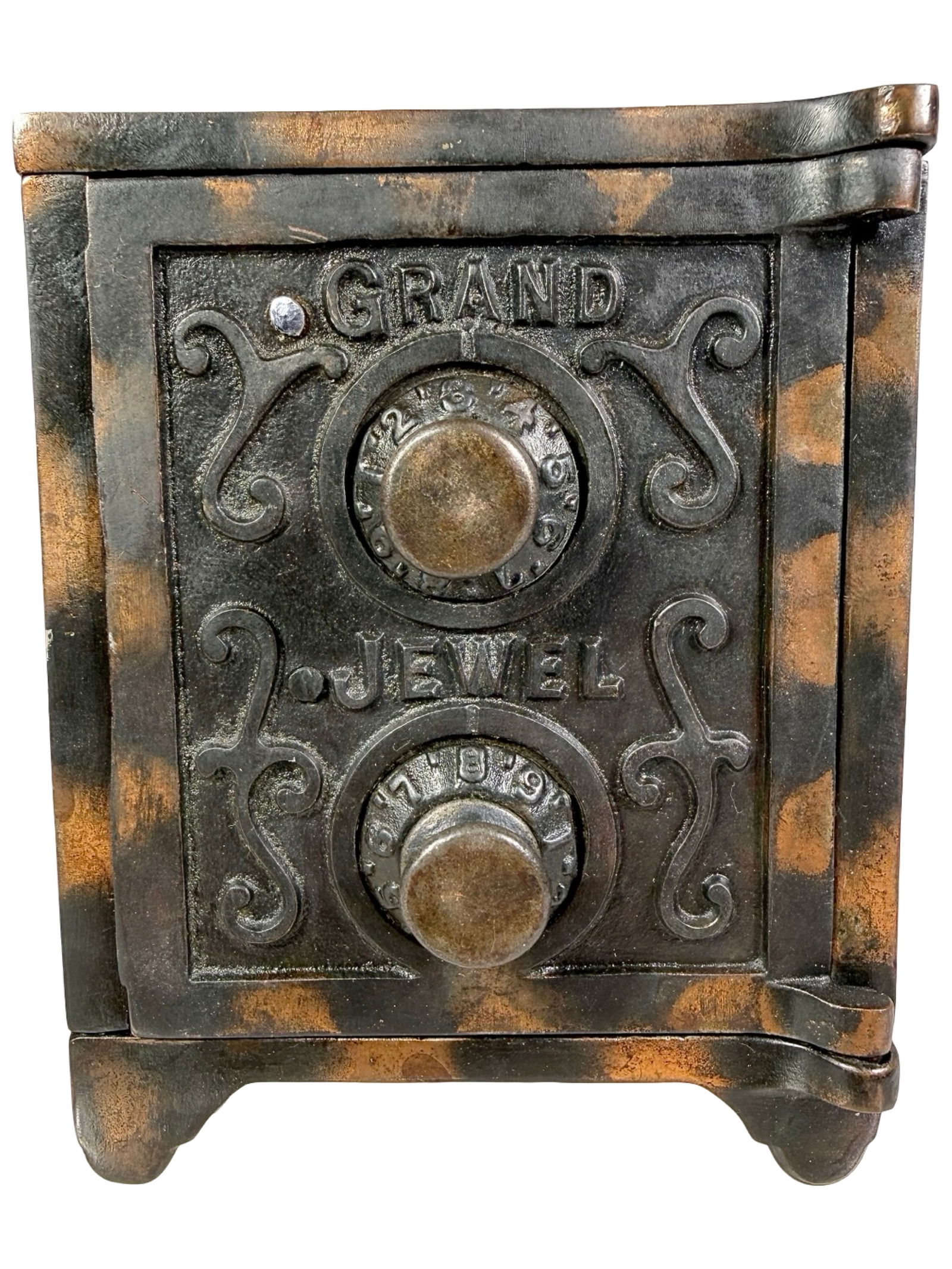 Grand Jewel CI Safe with Iron Sides: Made by Wing Mfg. Co. American - 1900. 5 1/4" Tall x 4 1/4" Wide x 4" Deep.