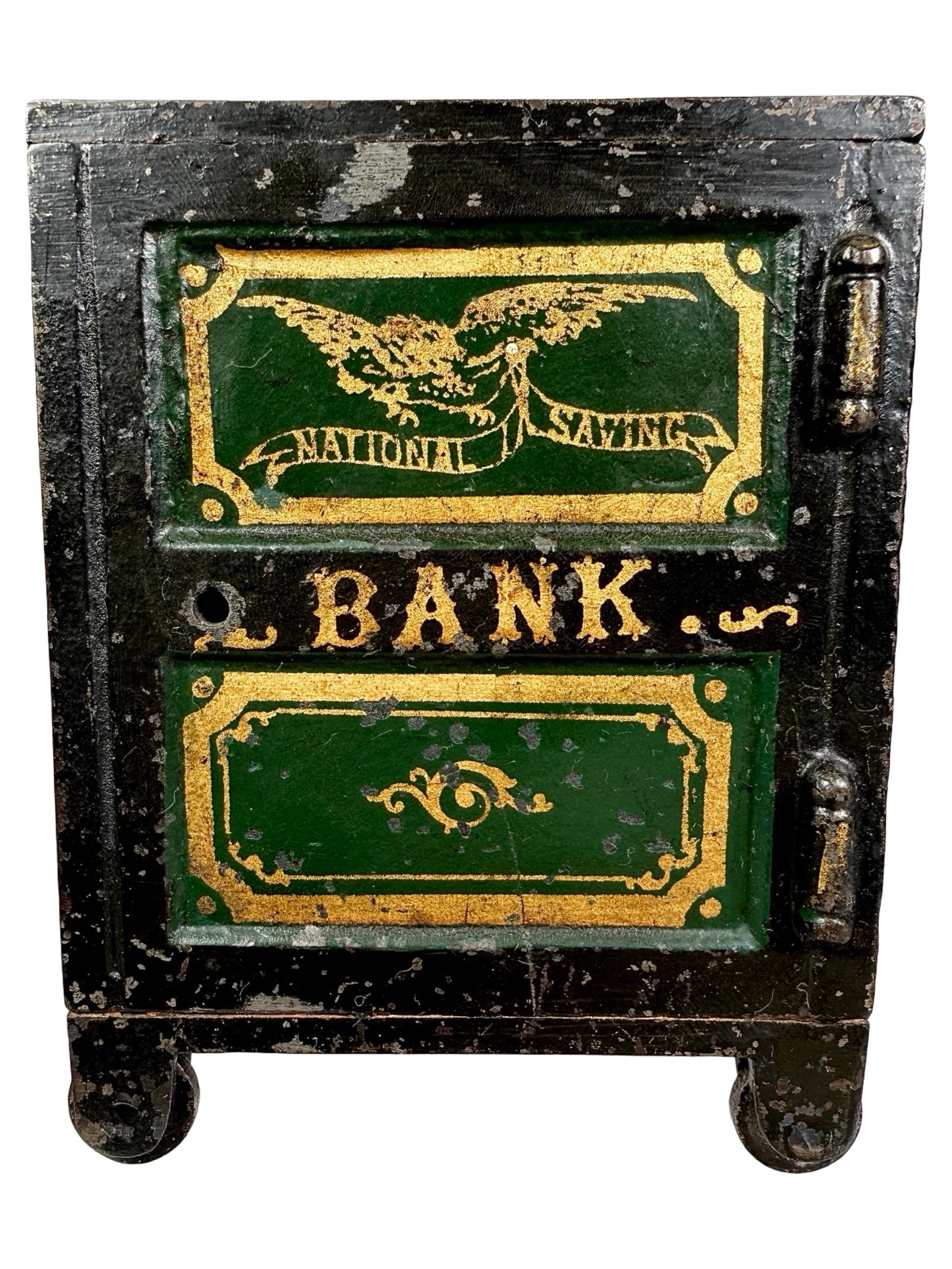 National Savings Bank with Eagle Decoration: Unknown Maker. The Peirce Collection. 4 1/2" Tall x 3 1/2" Wide x 3 1/2" Deep.