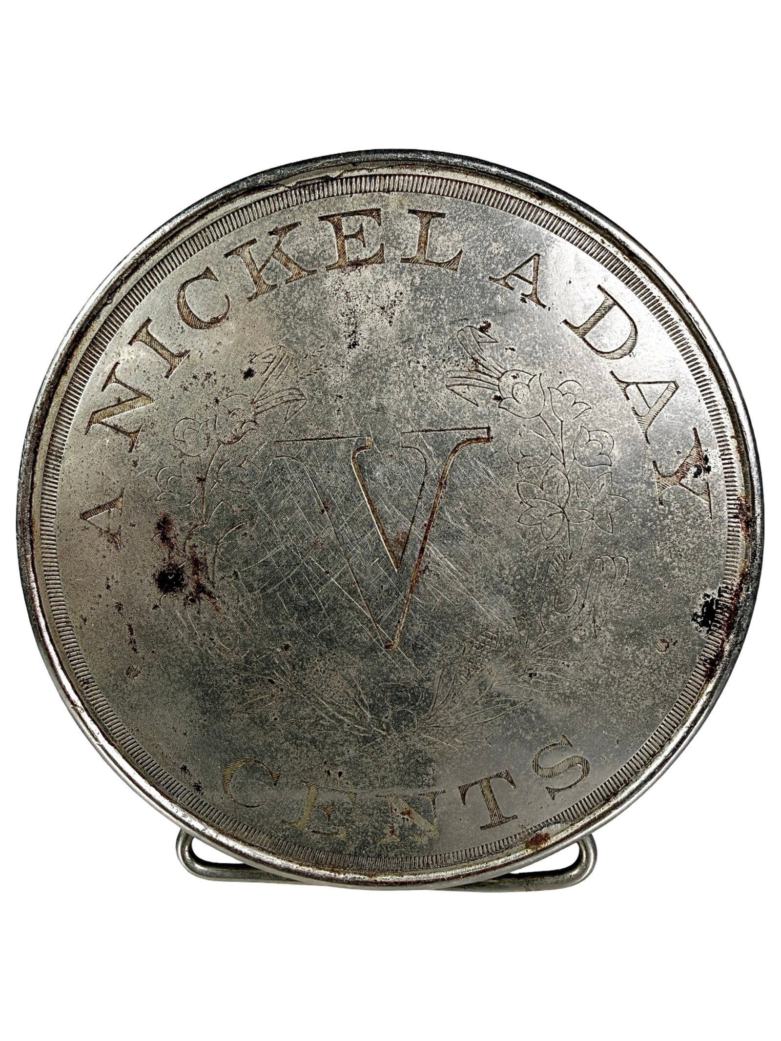 Nickel a Day "V" Nickel Bank: By Bankers Consolidated Home Safe. Chicago, IL - 1903. The Egelhoff & Peirce Collections.