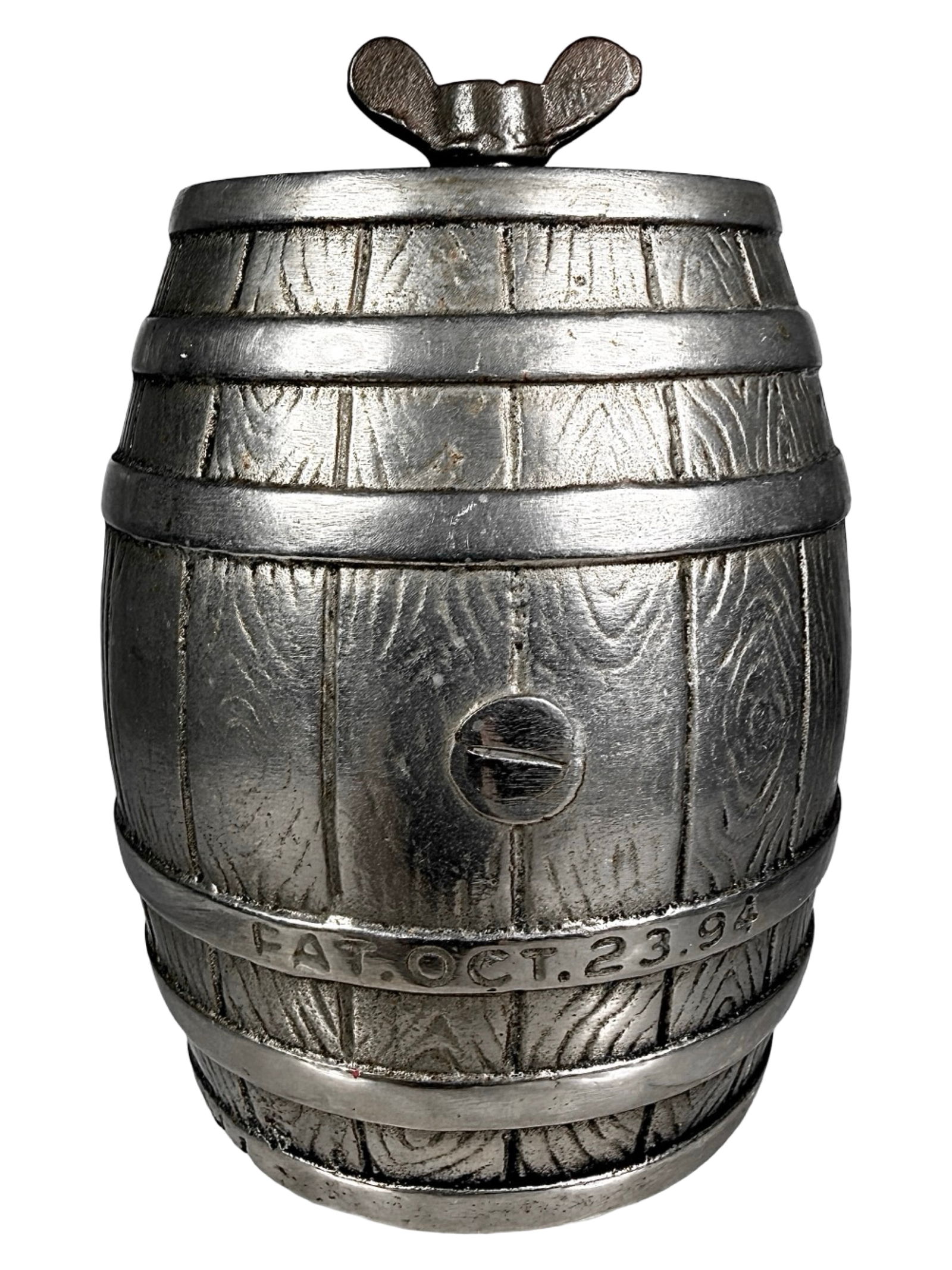 White City Puzzle Savings No. 1: Cast Iron Barrel Bank. Made by Nicol & Company. Chicago, IL - 1895. The Peirce Collection. 4" Tall x 3 1/8" Diameter.