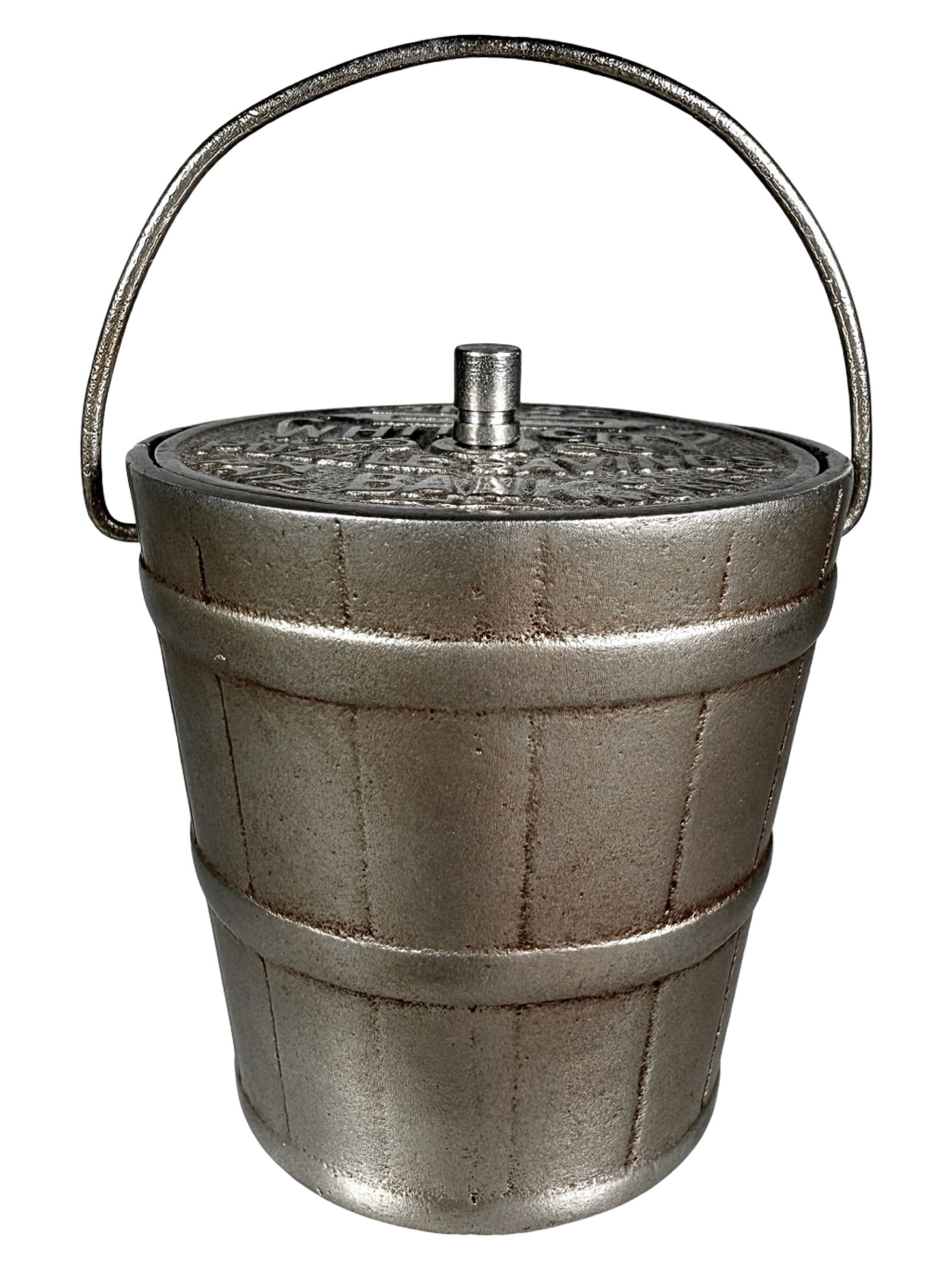 White City Puzzle Savings Bank No. 2: "A Pail of Money". Made by Nicol & Company. Chicago, IL - 1895. 3" Tall x 2 5/8" Diameter.