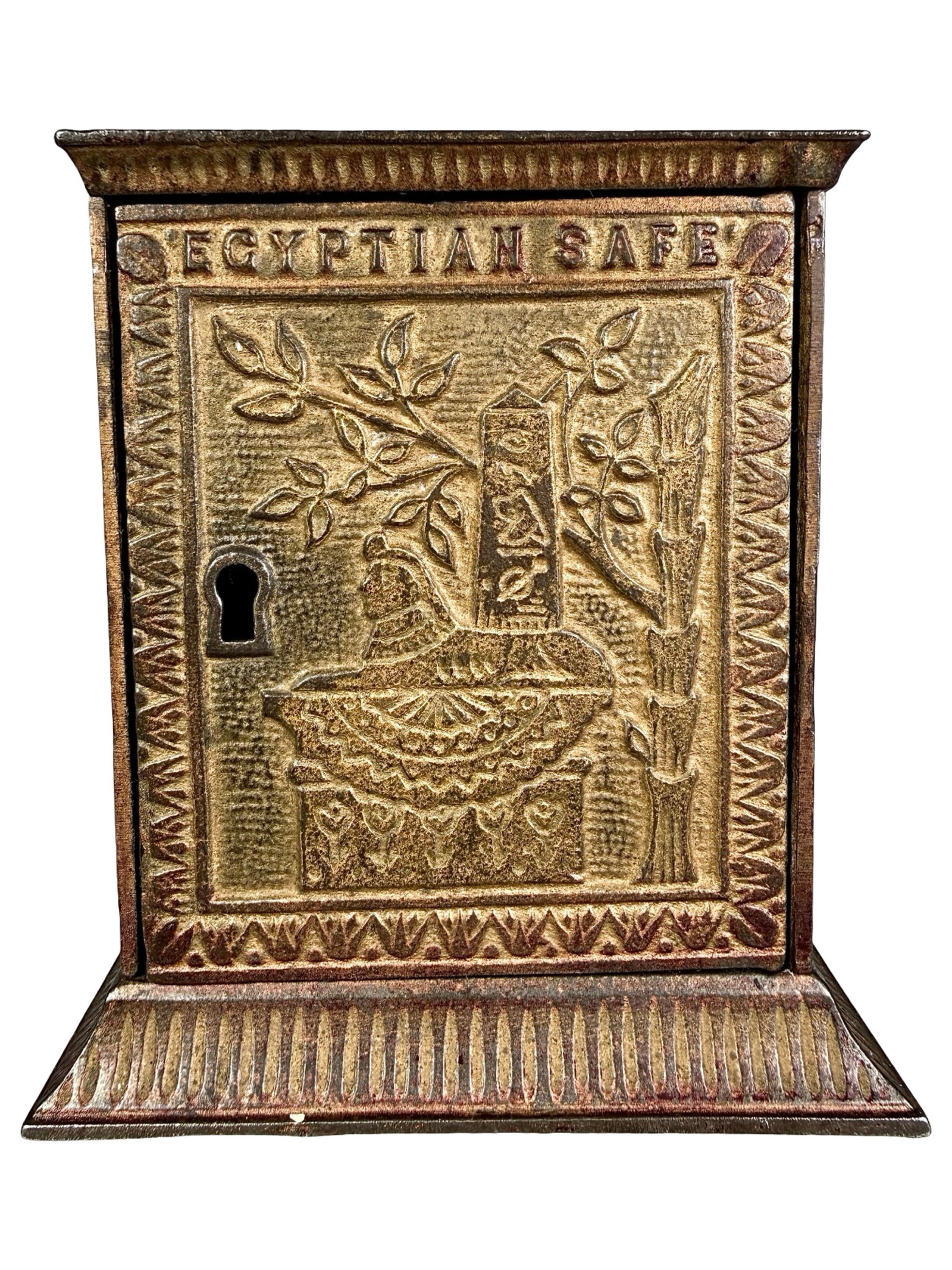 Egyptian Safe Bank: Scarce Gold, Green & Maroon Color. Made by Kyser & Rex Co. Philadelphia - 1882. The Egelhoff & Peirce Collections. 4 5/8" Tall x 4 1/4" Square.