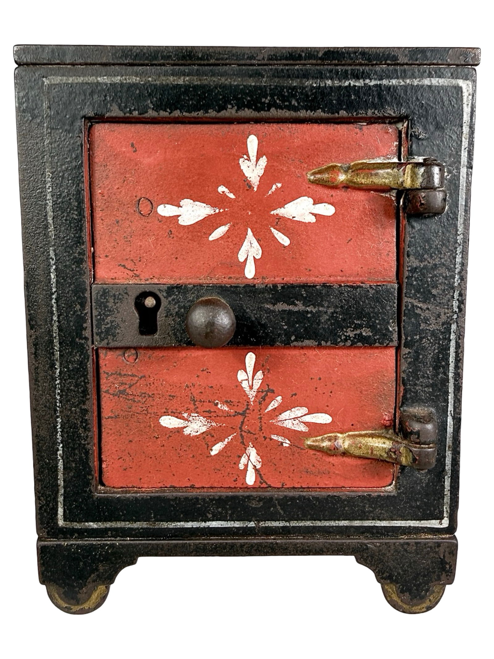 Stenciled Door Safe with Center Knob - Large: Made by J. & E. Stevens Company. Cromwell, Ct. - 1880. 4 3/4" Tall x 3 5/8" Wide x 3 3/4" Deep.