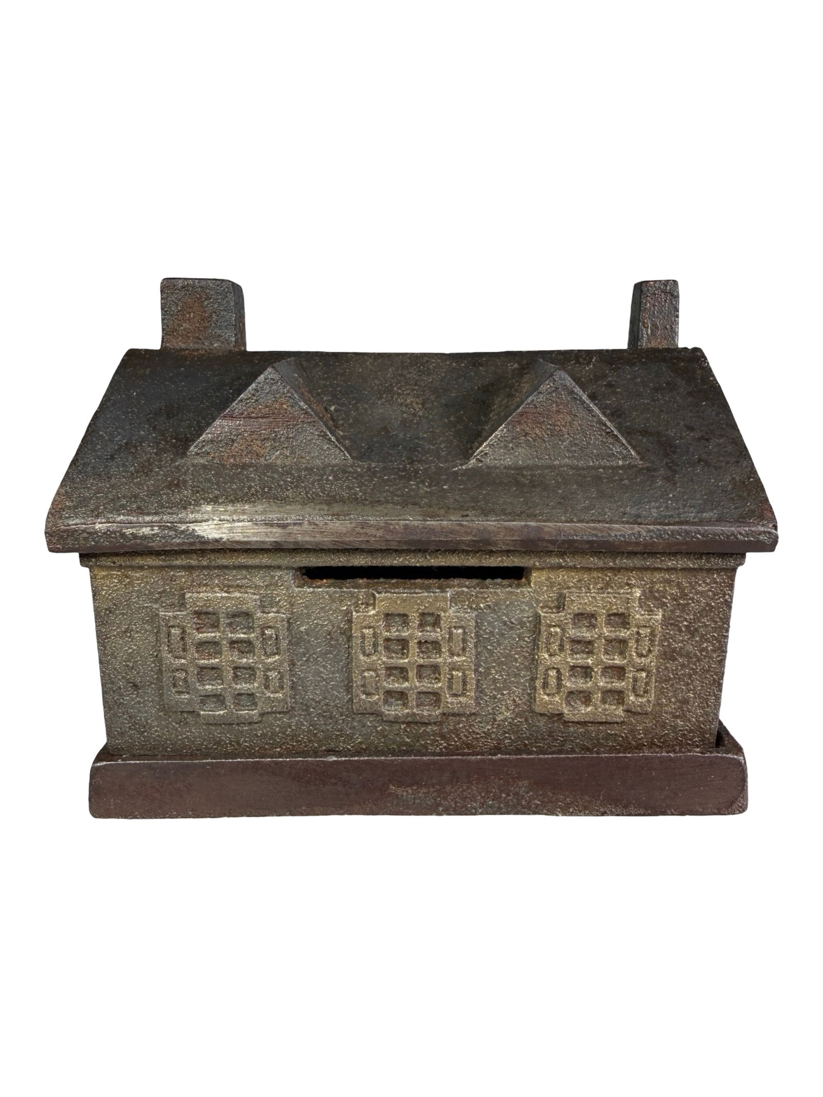 The Thomas A. Edison Birth House: Very Rare - Milan, Ohio. American - 1920's. 4 1/4" Long x 3 1/2" Tall x 3 1/4" Deep. Another bank that we have never seen before; depicting the birth home of Thomas A. Edison in Milan, Ohio.