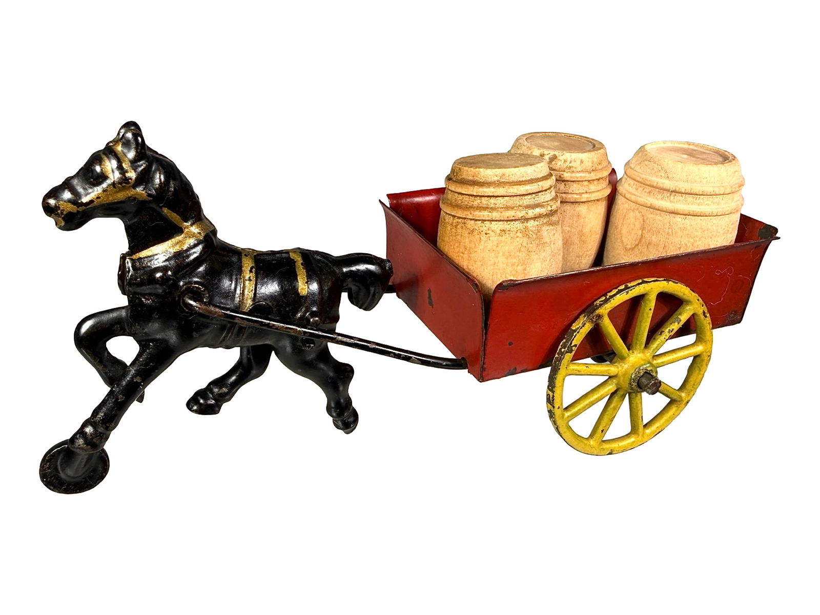 Horse Drawn Barrel Wagon: Made by Wilkins Hardware. Keene, NH - 1905. 6 1/4" Long x 3 1/2" Tall x 3" Deep.