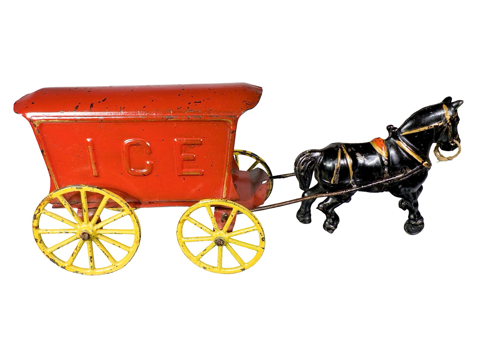 Horse Drawn Ice Wagon: Cast Iron and Sheet Tin. Made by Wilkins Hardware. Keene, NH - 1905. 10" Long x 4" Tall x 3" Deep.