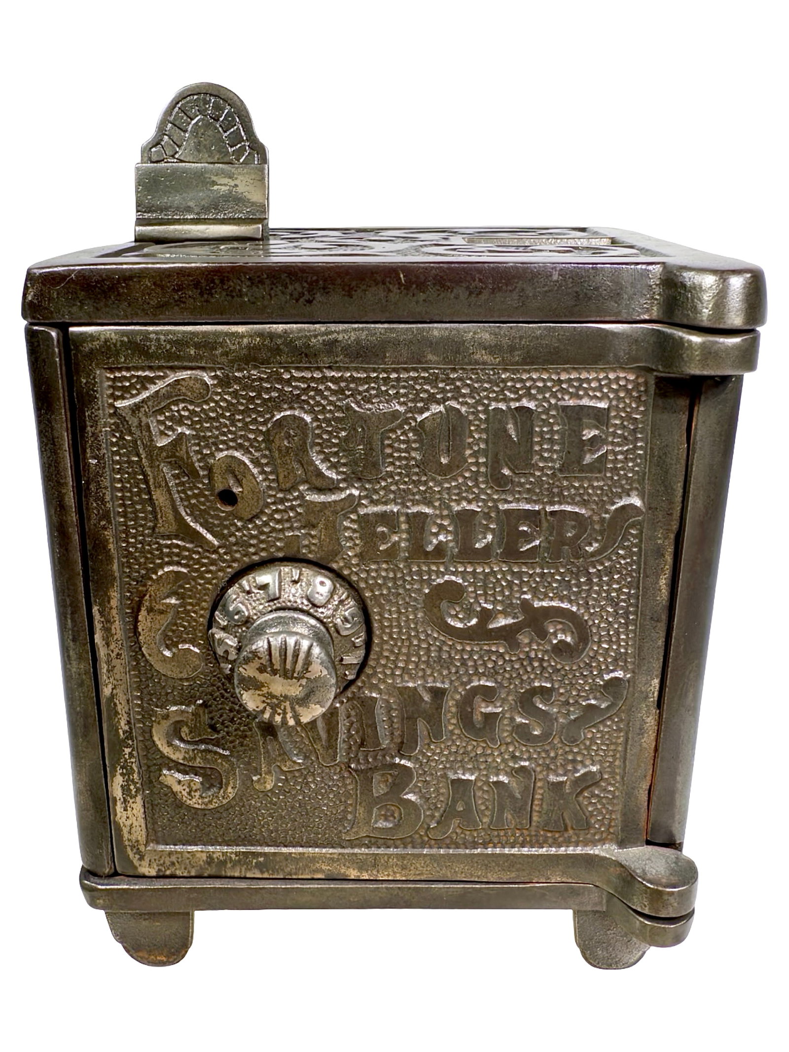 Fortune Teller Savings Bank: Conventional Window on Top Panel. Made by Baumgarten & Company. Baltimore, Md. - Circa Early 1900's. 4 1/2" Wide x 6 1/4" Tall x 4 1/2" Deep.