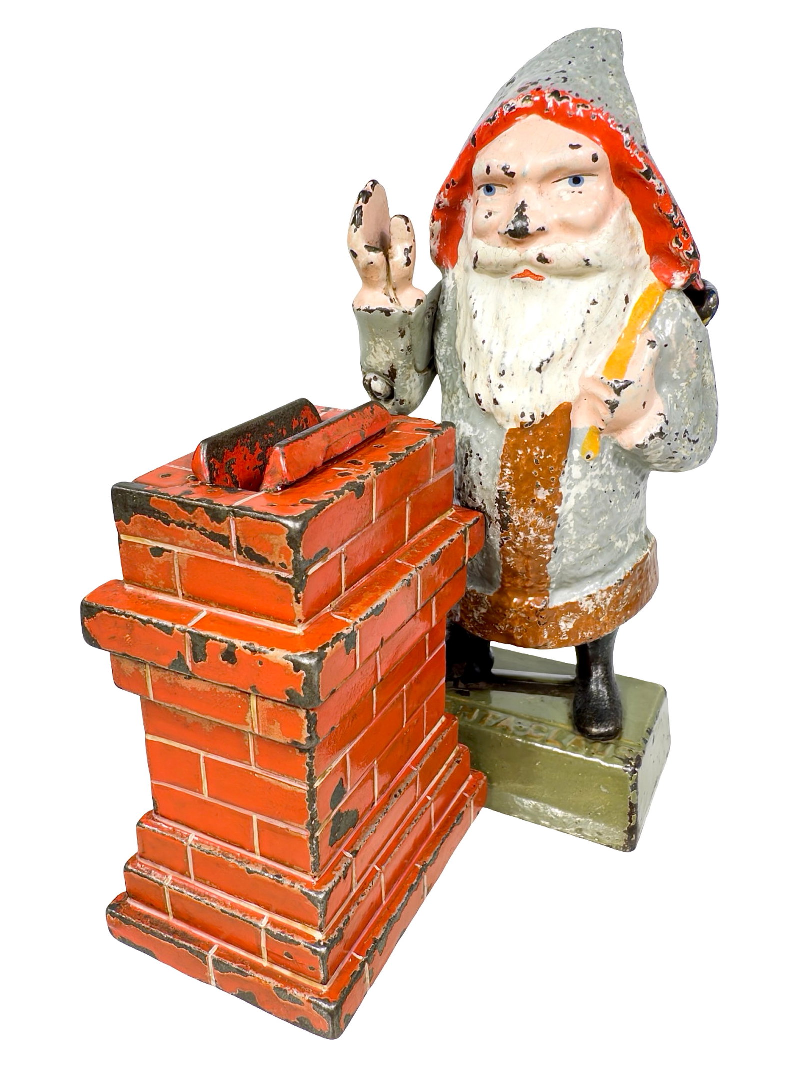 The Santa Claus Bank: By Shepard Hardware Company. Buffalo, New York - Early 1890's. 6" Tall x 3 1/4" Wide x 4 3/4" Deep. Coins are dropped from Santa's right hand into the brick chimney. A truly spectacular quality specim