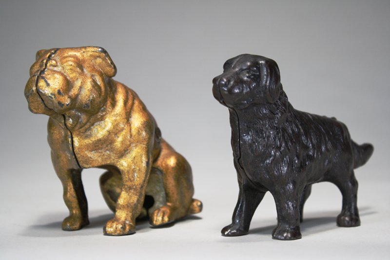 Made In Canada Bulldog & Newfoundland Still Banks: Canadian & American Respectively • Both Circa 1915 The Made in Canada Bulldog is very scarce and sought after. The Newfoundland is pristine and has a groove in its back so it could be used as a card