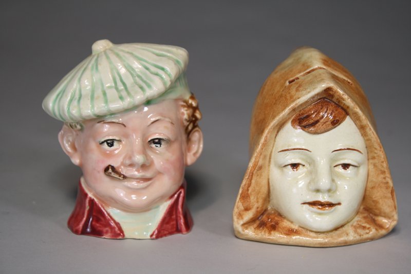 Lot: Boy with Cigar and Red Riding Hood Bank: Austrian Circa 1920 These two are so colorful and cute. They are each about 3 ½” tall. Material: Glazed Ceramic