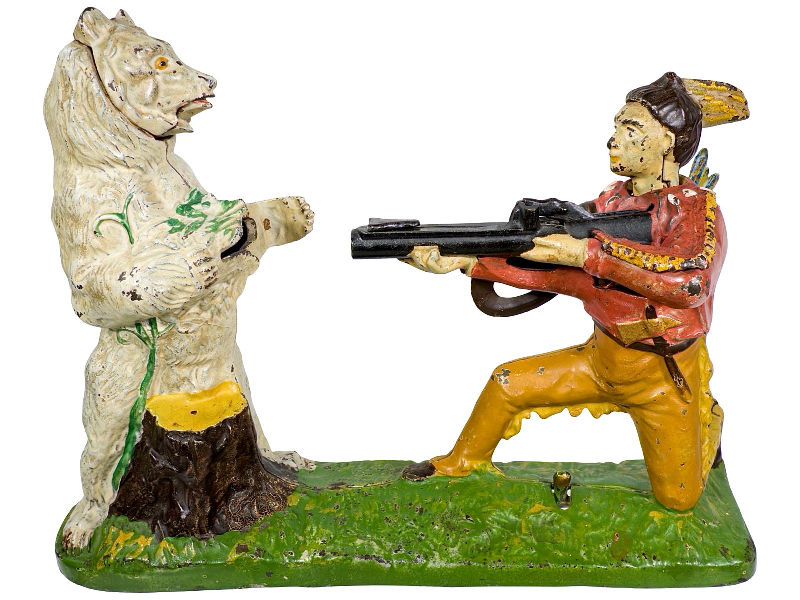 Indian and White Bear - Cast Iron Mechanical Bank: J. & E. Stevens Company - Cromwell, CT. 1890. 10 1/2" Long x 7 3/4" Tall x 3" Deep. The Peirce Collection.