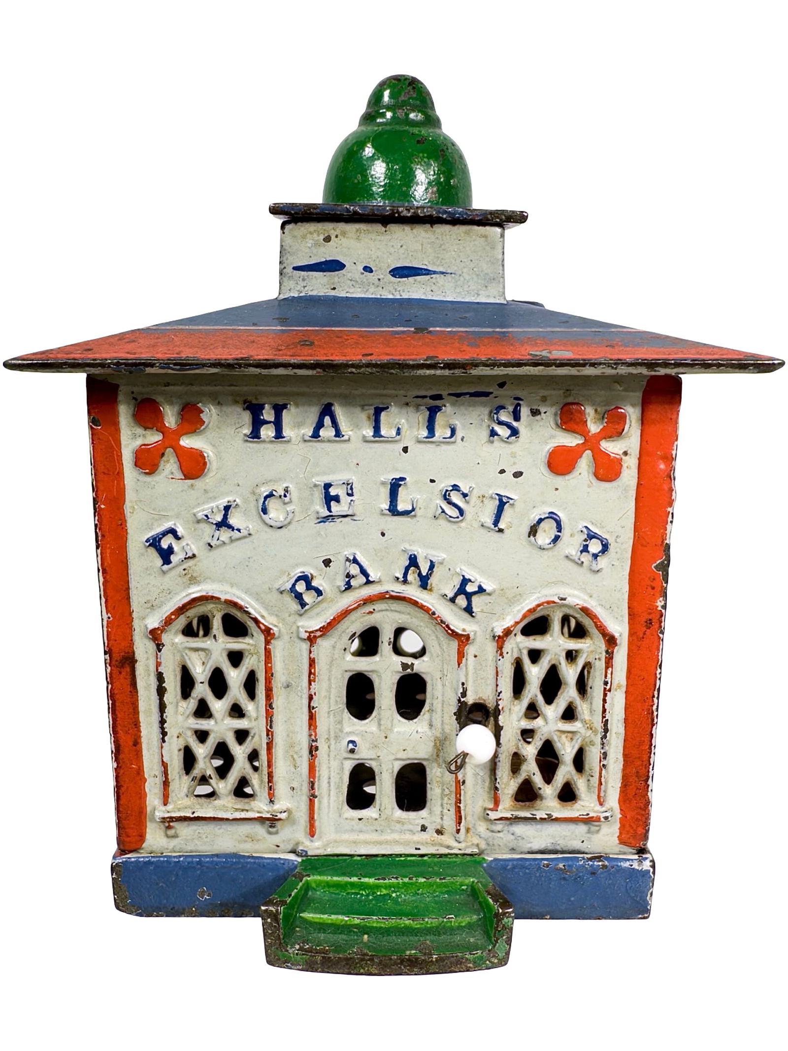 Hall's Excelsior - Cast Iron Mechanical Bank: J. & E. Stevens Company - Cromwell, CT. 1870's. 5 1/4" Tall x 4" Wide x 4" Deep. The Peirce Collection.