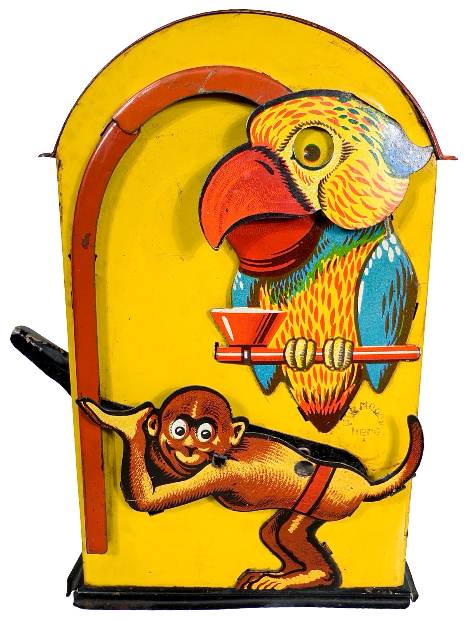 Monkey and Parrot - Tin Mechanical Bank: Made by Saalheimer and Strauss - German 1930. 6 1/2" Tall x 4" Wide x 1 3/4" Deep. The Peirce Collection.
