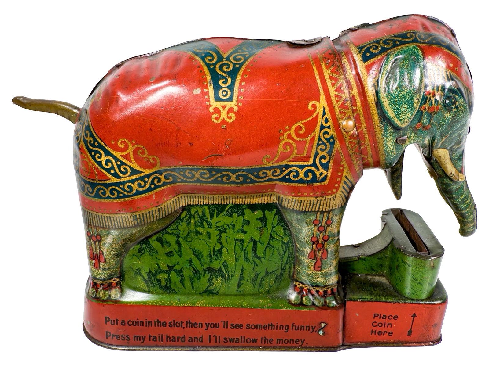 Royal Trick Elephant with Verse - Tin Mechanical Bank: Made by Saalheimer and Strauss - Germany 1915. 7 1/4" Long x 4 1/2" Tall x 2" Deep. The Peirce Collection.