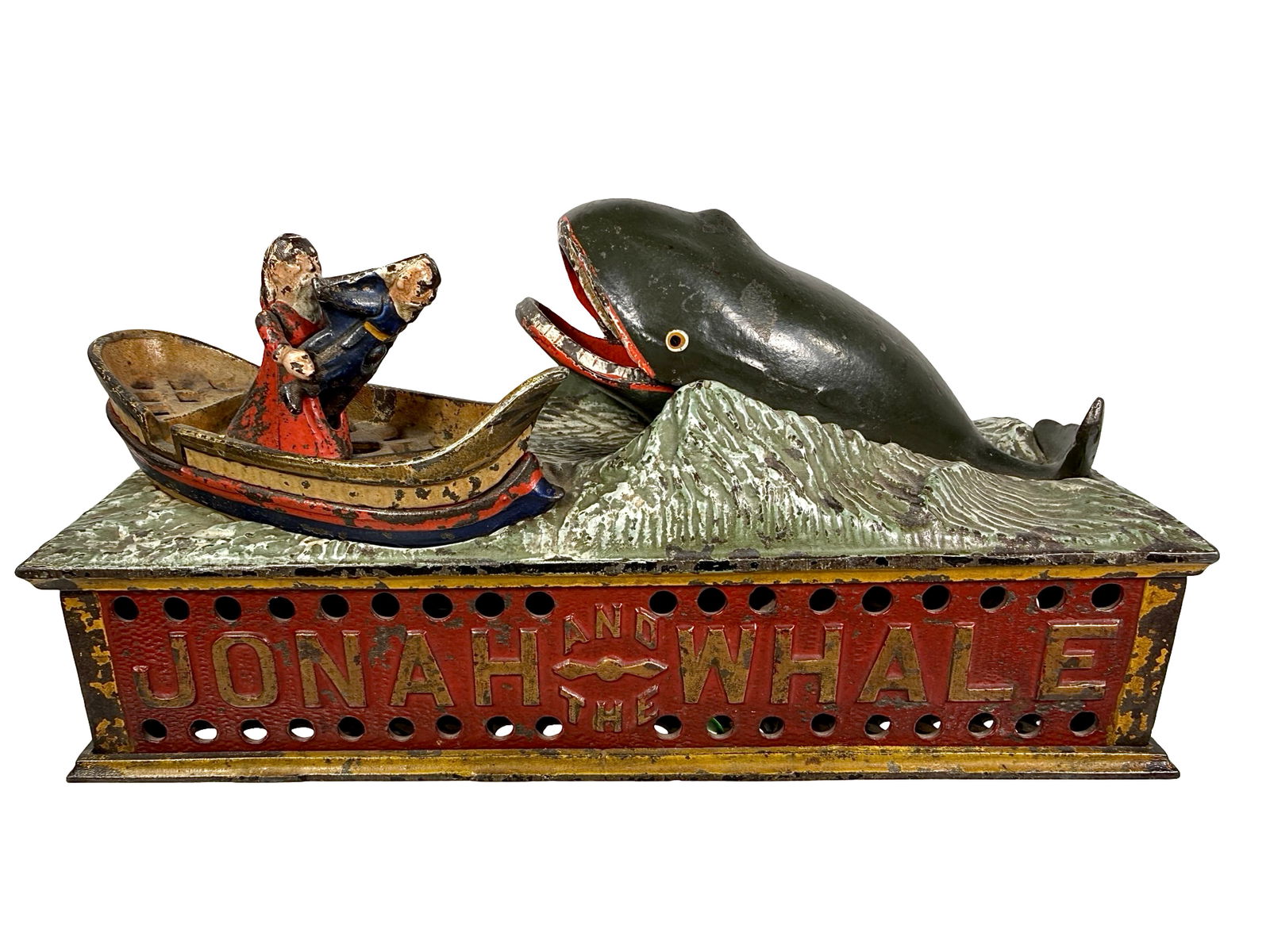 Jonah and the Whale - Cast Iron Mechanical Bank: Shepard Hardware Company - Buffalo, NY. 1890. 10 1/4" Long x 5" Tall x 3 1/2" Deep. The Peirce Collection.