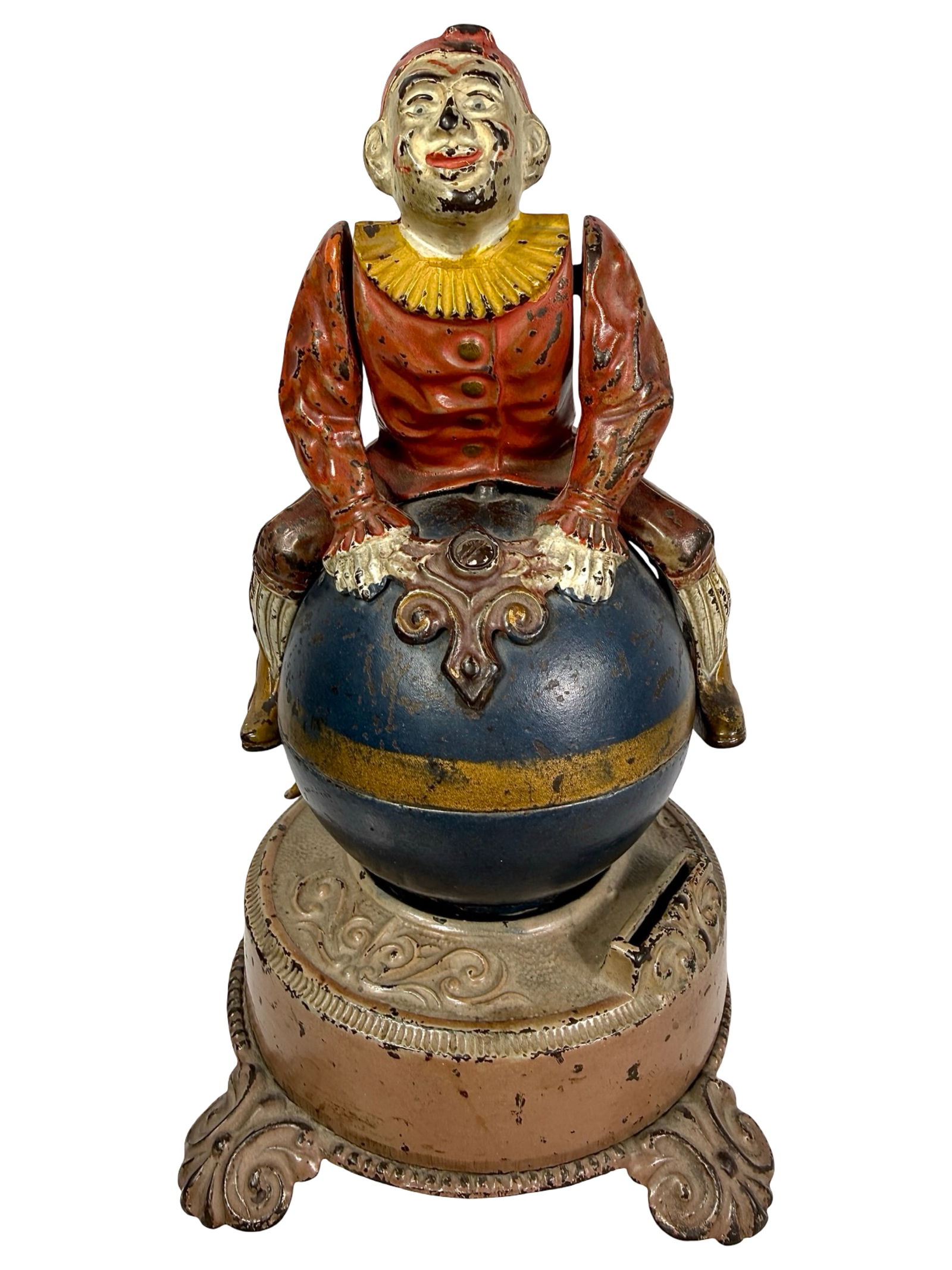 Clown on Globe, Tan Base - Cast Iron Mechanical Bank (1 of 5)