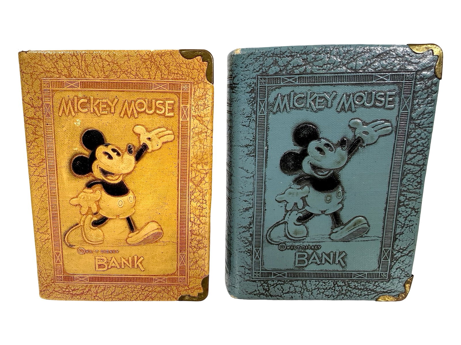 Mickey Mouse Book Banks - Yellow and Blue: American 1930's. 4 1/4" Tall x 3" Wide. The Peirce Collection.