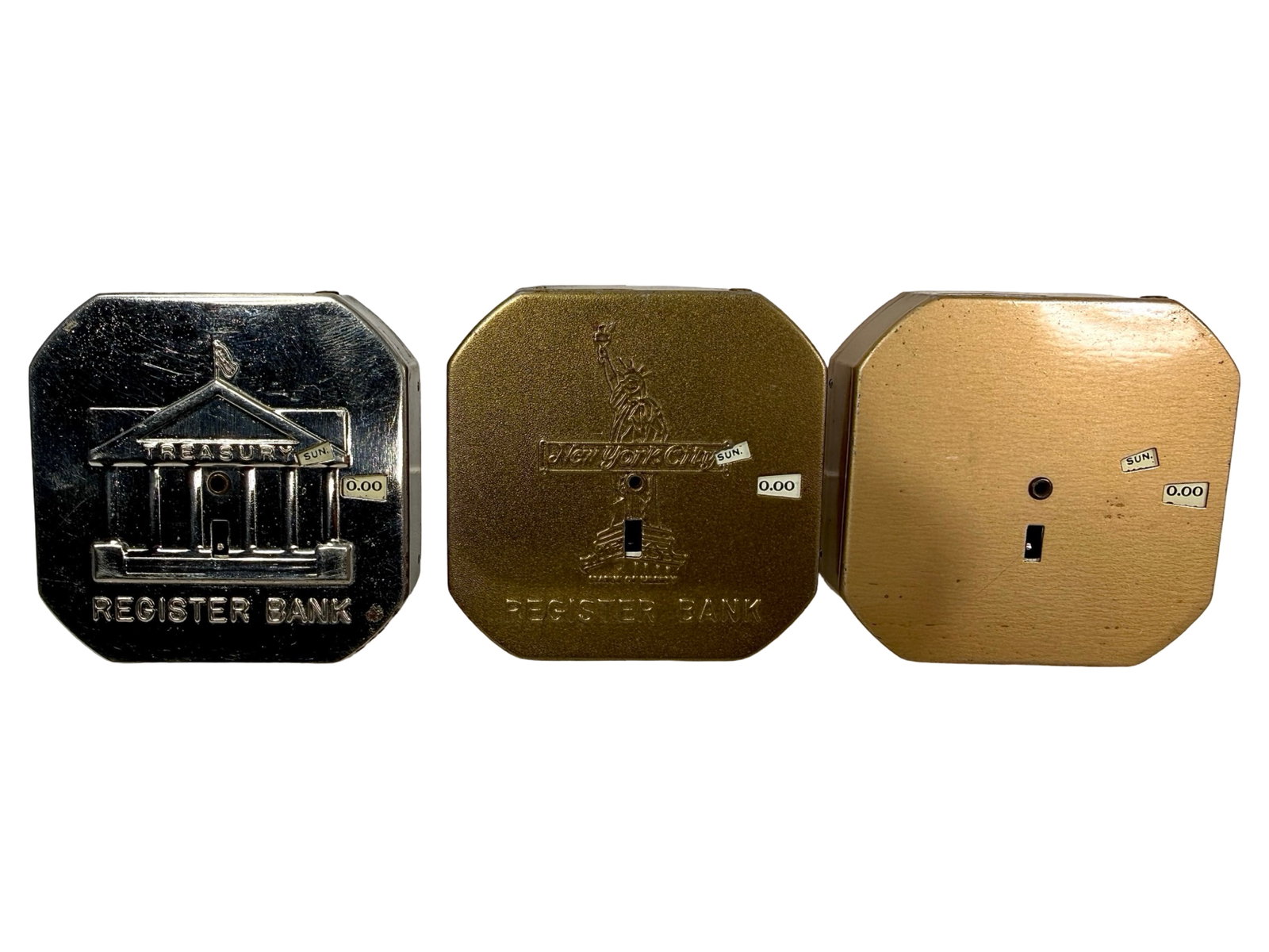 Three Different Pocket Dime Register Banks: American 1940/50's. 2 3/4" Tall x 2 3/4" Wide. The Peirce Collection.