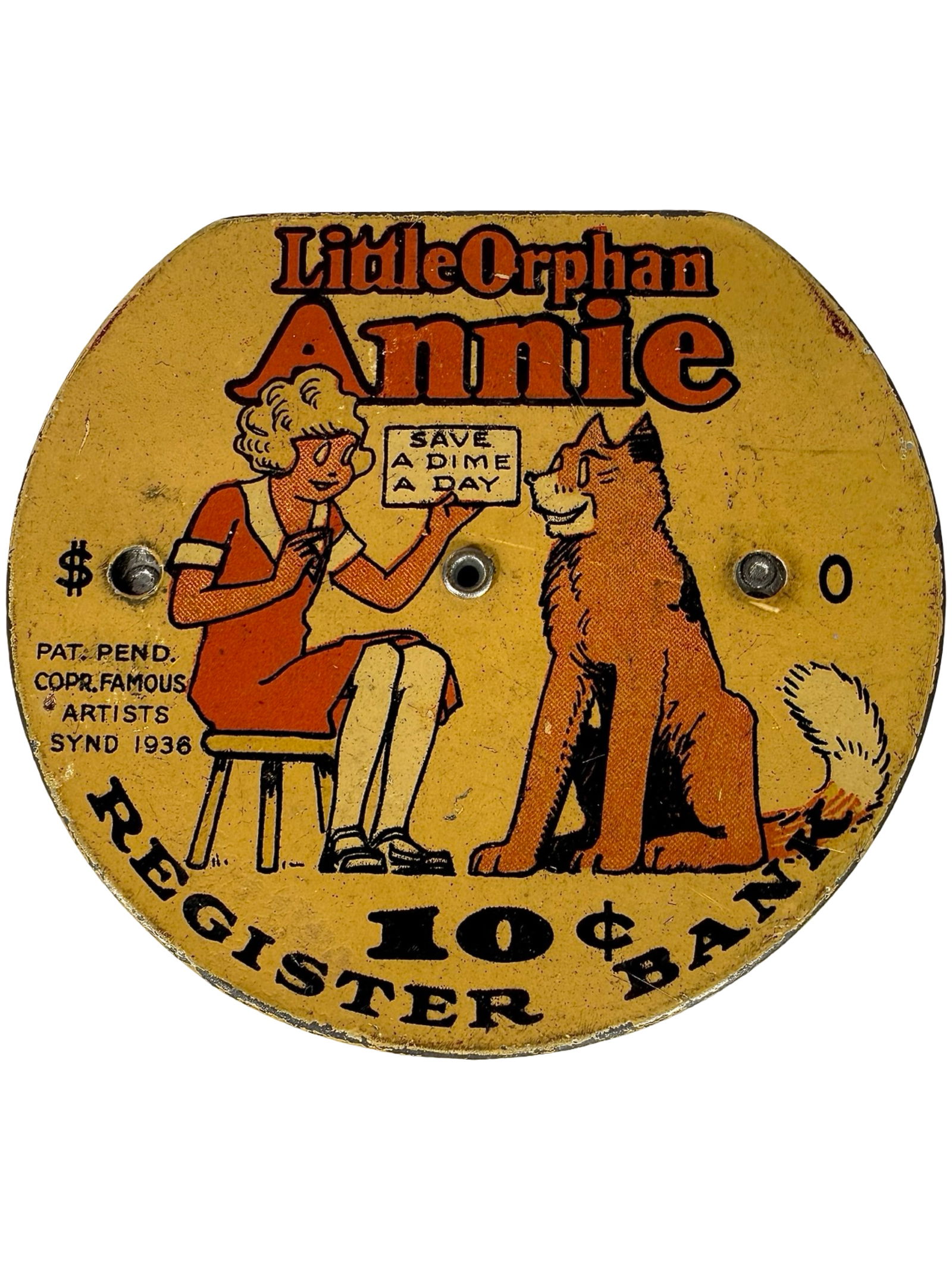 Little Orphan Annie Dime Register Bank - Famous Artists Syndicate: American 1936. 2 3/4" Tall x 3" Wide. The Peirce Collection.