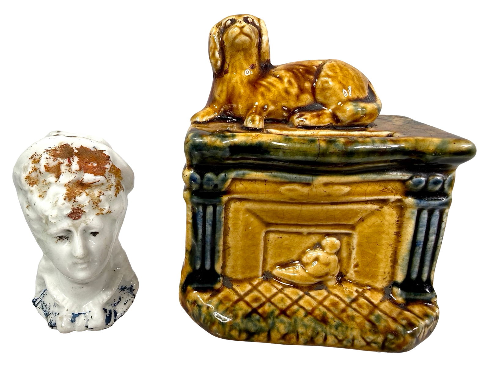 Two Porcelain Banks: European 1910's. Taller is 4" Tall x 3 1/4" Wide. The Peirce Collection.