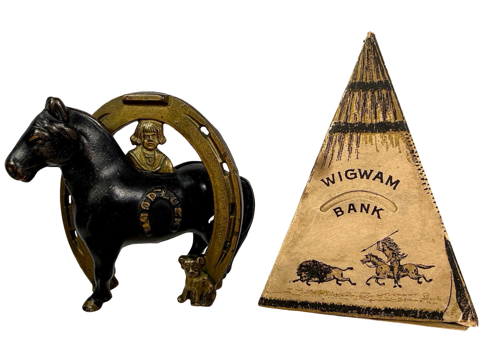 Wigwam and Good Luck Horse Banks - Paper / Cast Iron: American 1905 / 1920. The Peirce Collection.