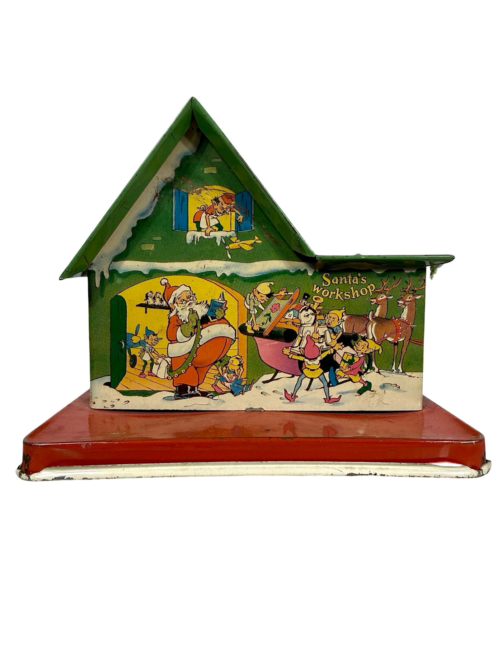 Santa's Workshop Lollipop Bank - Very Scarce and Desirable: U.S. Metal Toy Mfg Co. American 1930's. 4 3/8" Tall x 6 1/2" Wide. The Peirce Collection.