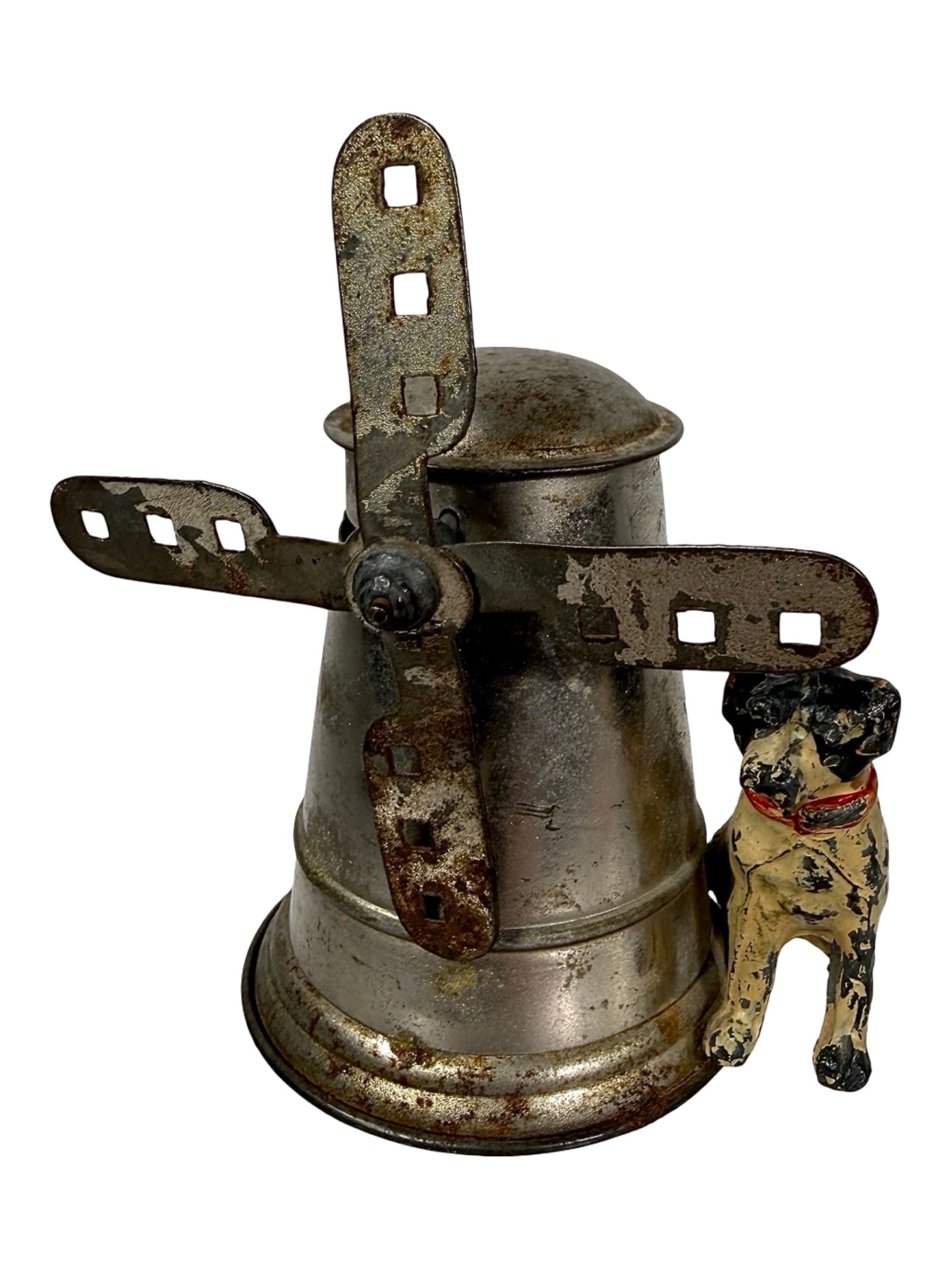 Tin Windmill with Spelter Spaniel Bank: German 1930. 4 1/4" Tall x 3" Wide.