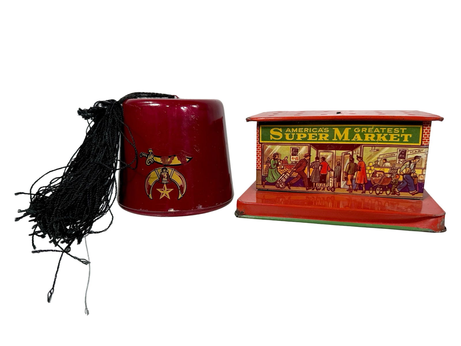 Super Market Lollipop Tin Bank with a Fez Bank: U.S. Metal Toy and Mfg. Co. American 1950's. 2 1/2" Tall x 5" Wide x 4" Deep.
