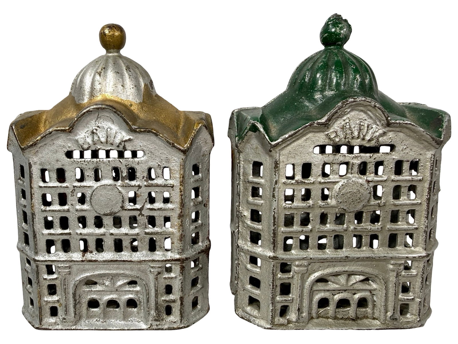 Two Dome Building Banks: A.C. Williams Company. Ravenna, Ohio - 1920's. 4 1/2" Tall x 3 1/8" Wide.