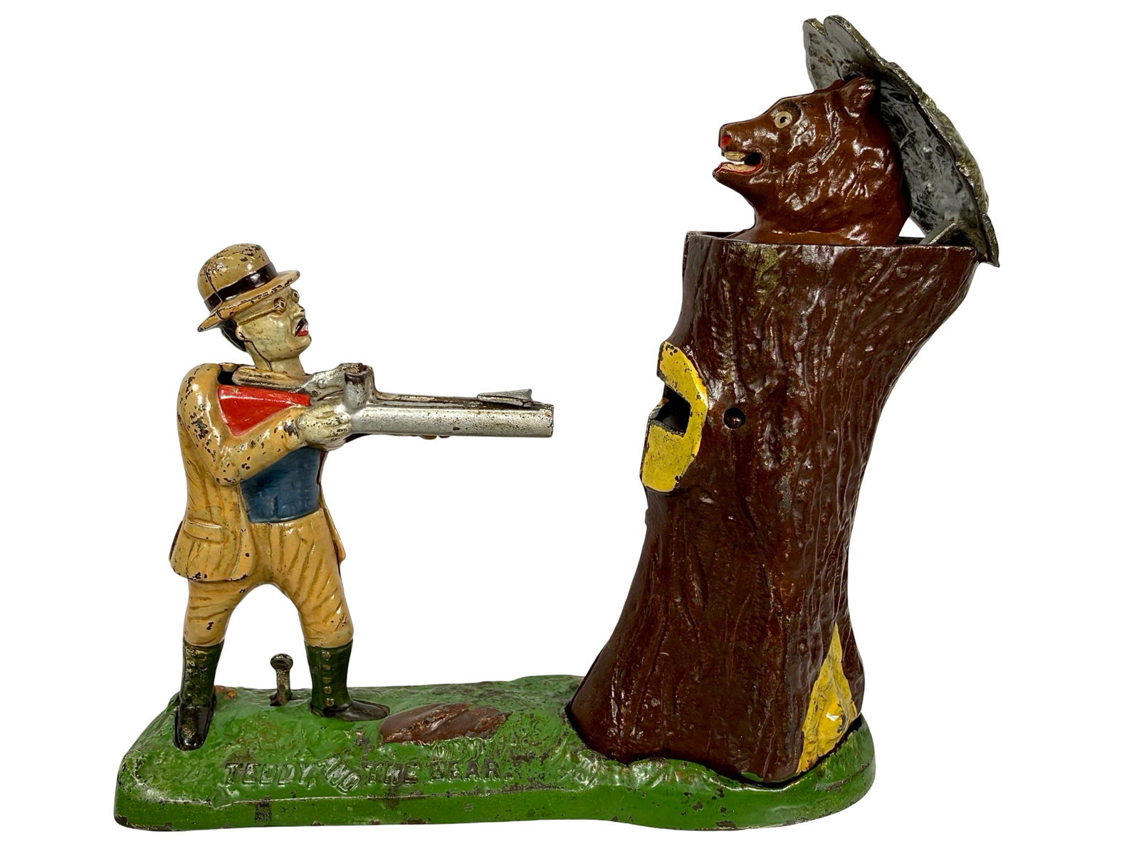 Teddy and the Bear - Brown Tree Version Mechanical Bank: J & E Stevens Company - Cromwell, CT. 1907 - 10"L x 7"T x 3"D
