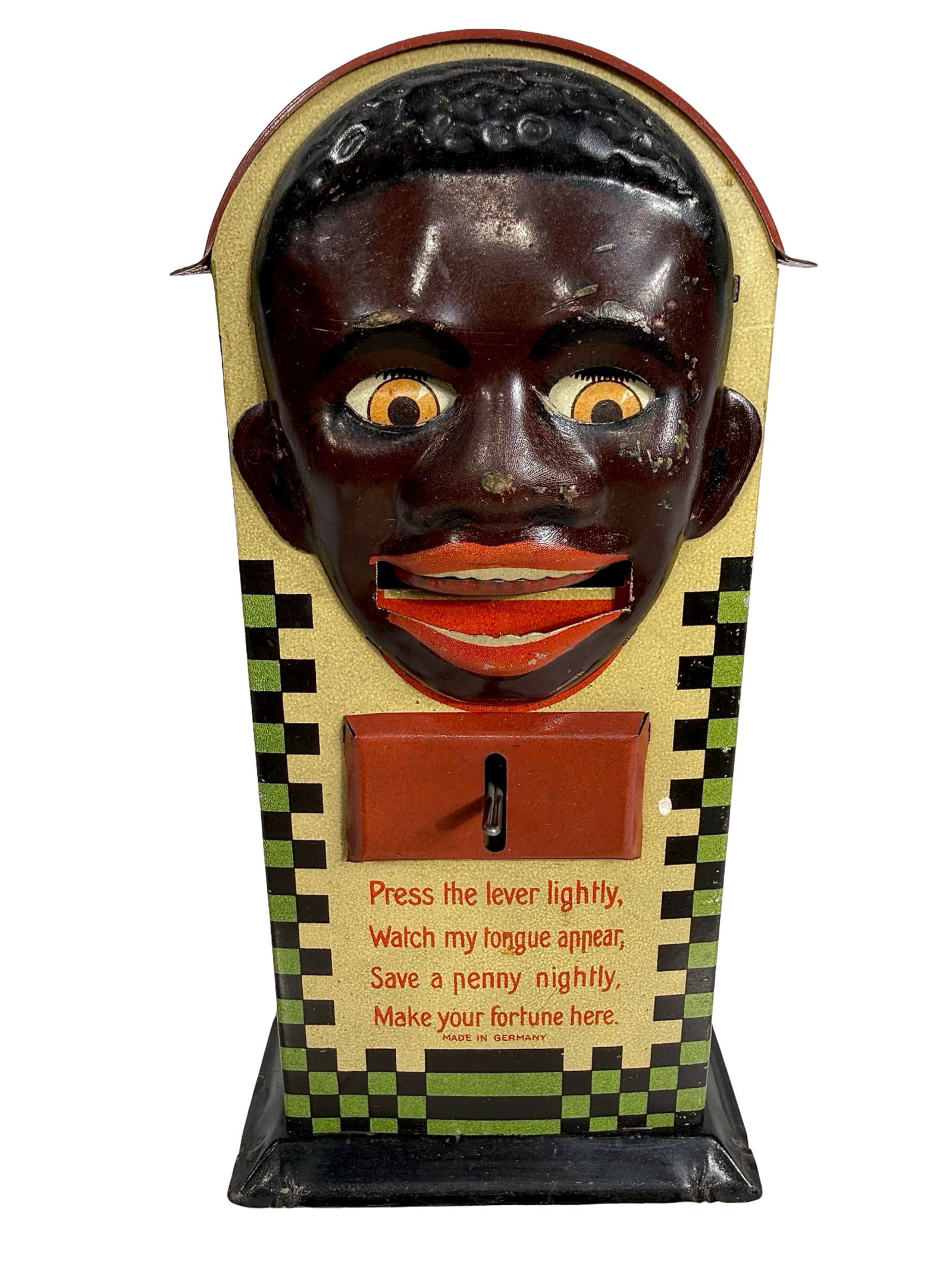 Tin Minstrel Bank: Saalheimer and Strauss - German 1910's - 7"T x 3 1/2"W x 2"D