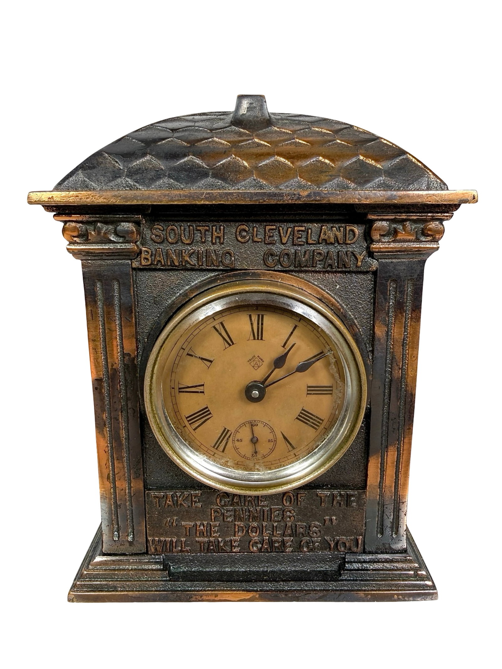 South Cleveland Banking Company with Clock: National Brass Works - Cleveland, OH. 1905 - 5 1/4"T x 4"W x 3 1/2"D