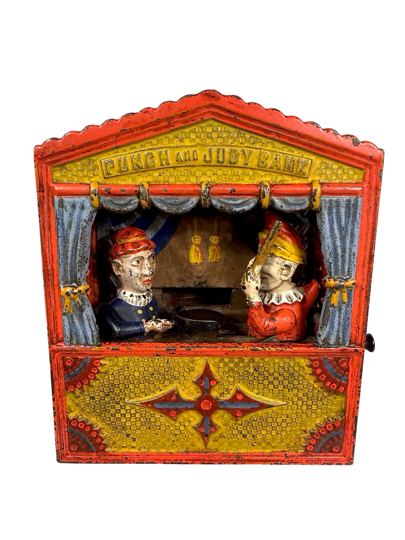 Punch and Judy Cast Iron Mechanical Bank: Shepard Hardware Company - Buffalo, NY. 1890 - 7 1/4"T x 6"W x 3 3/4"D